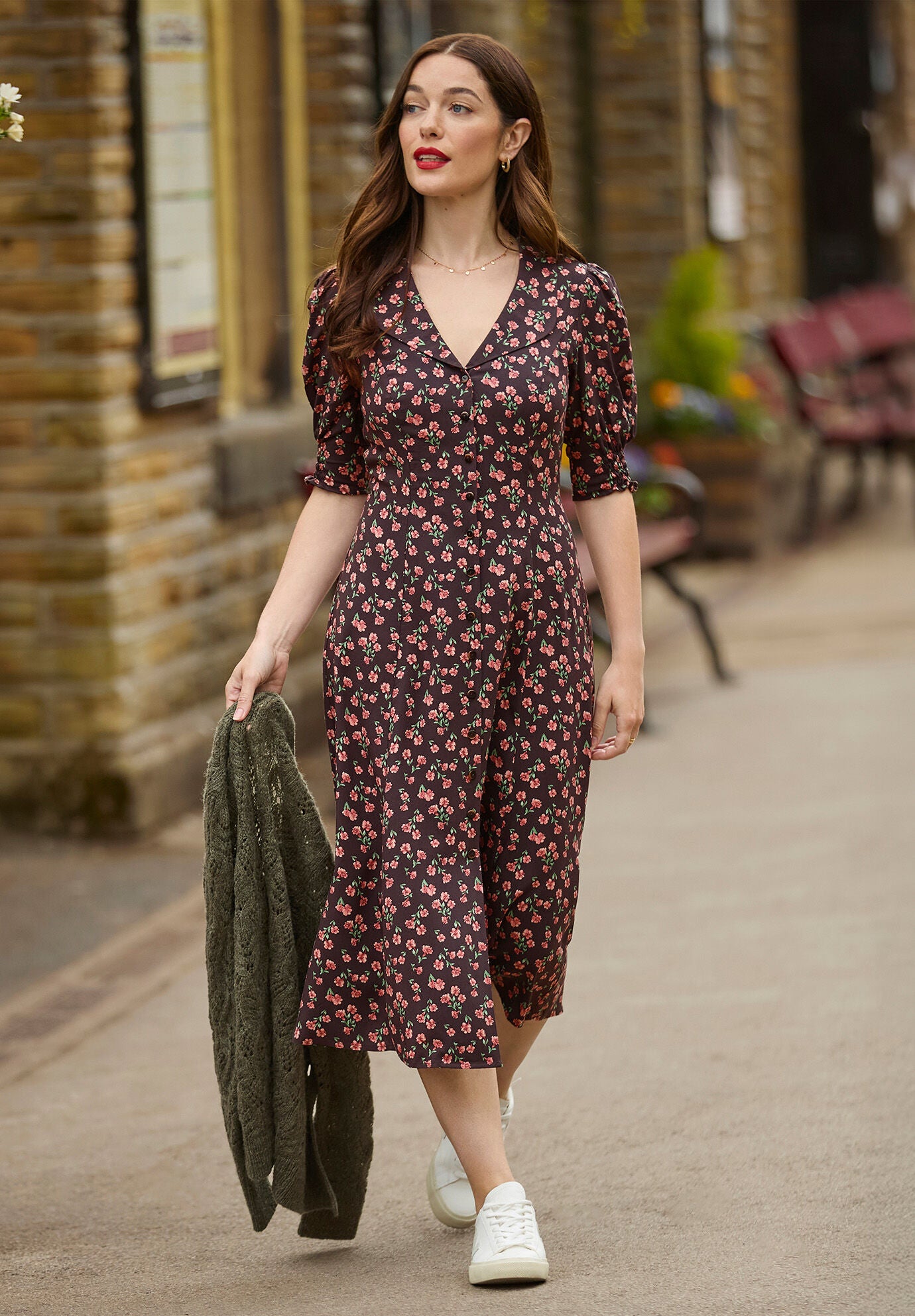 Puff Sleeve Midi Dress, ESPRESSO DITSY FLORAL, hi-res image number 0