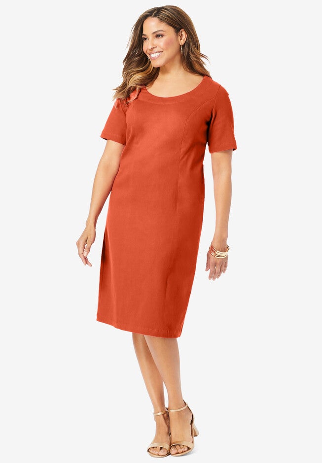 Denim Sheath Dress, COPPER RED, hi-res image number 0