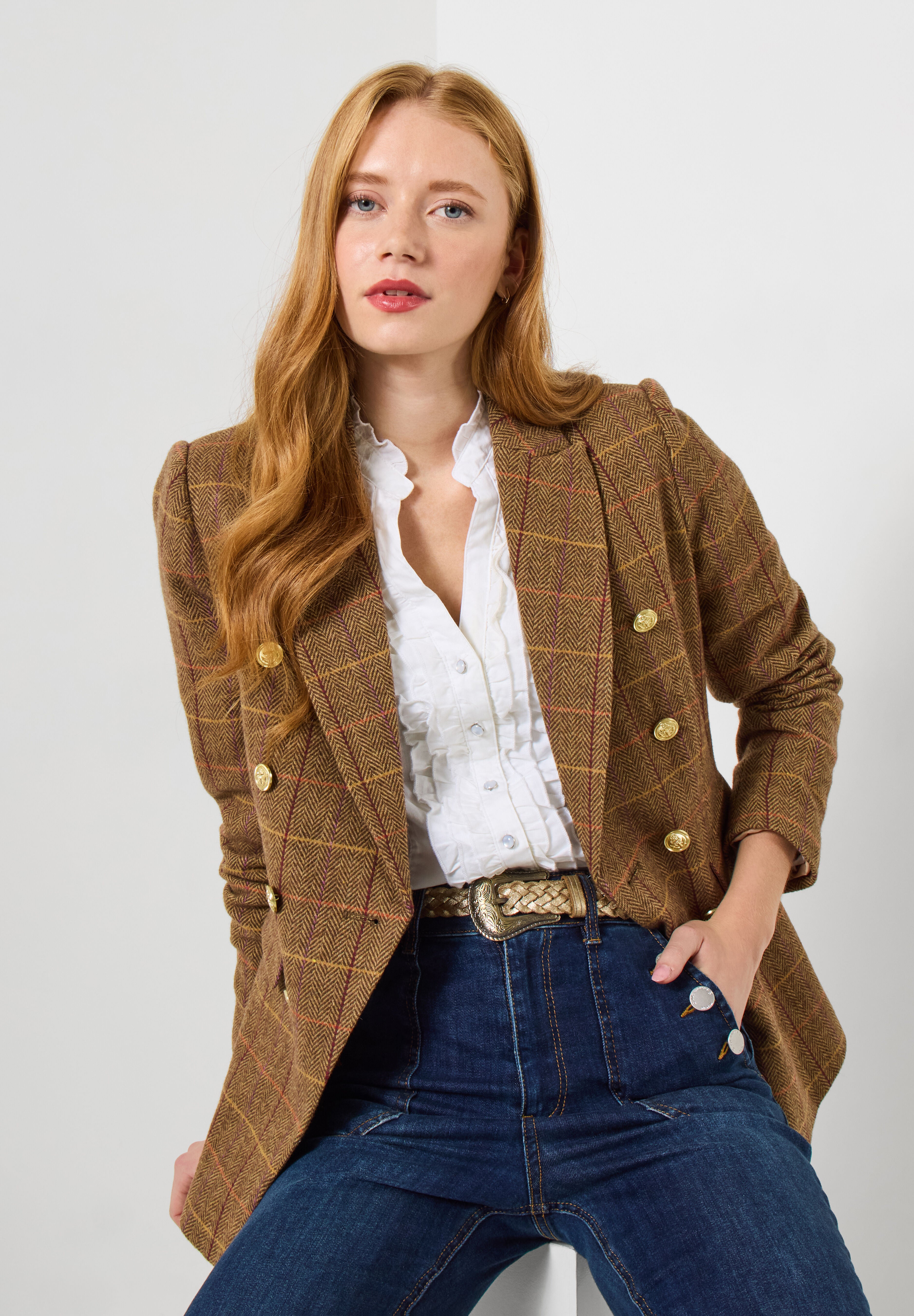 Double Breasted Plaid Blazer, COGNAC PLAID, on-hover image number 1