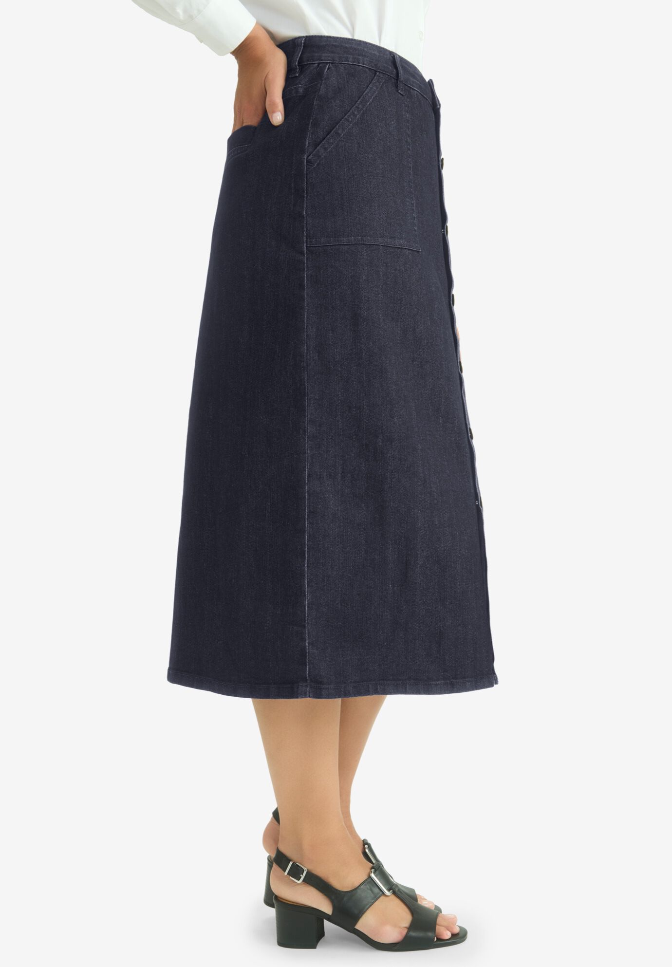 True Fit Button-Front Midi Skirt, INDIGO, alternate image number 2