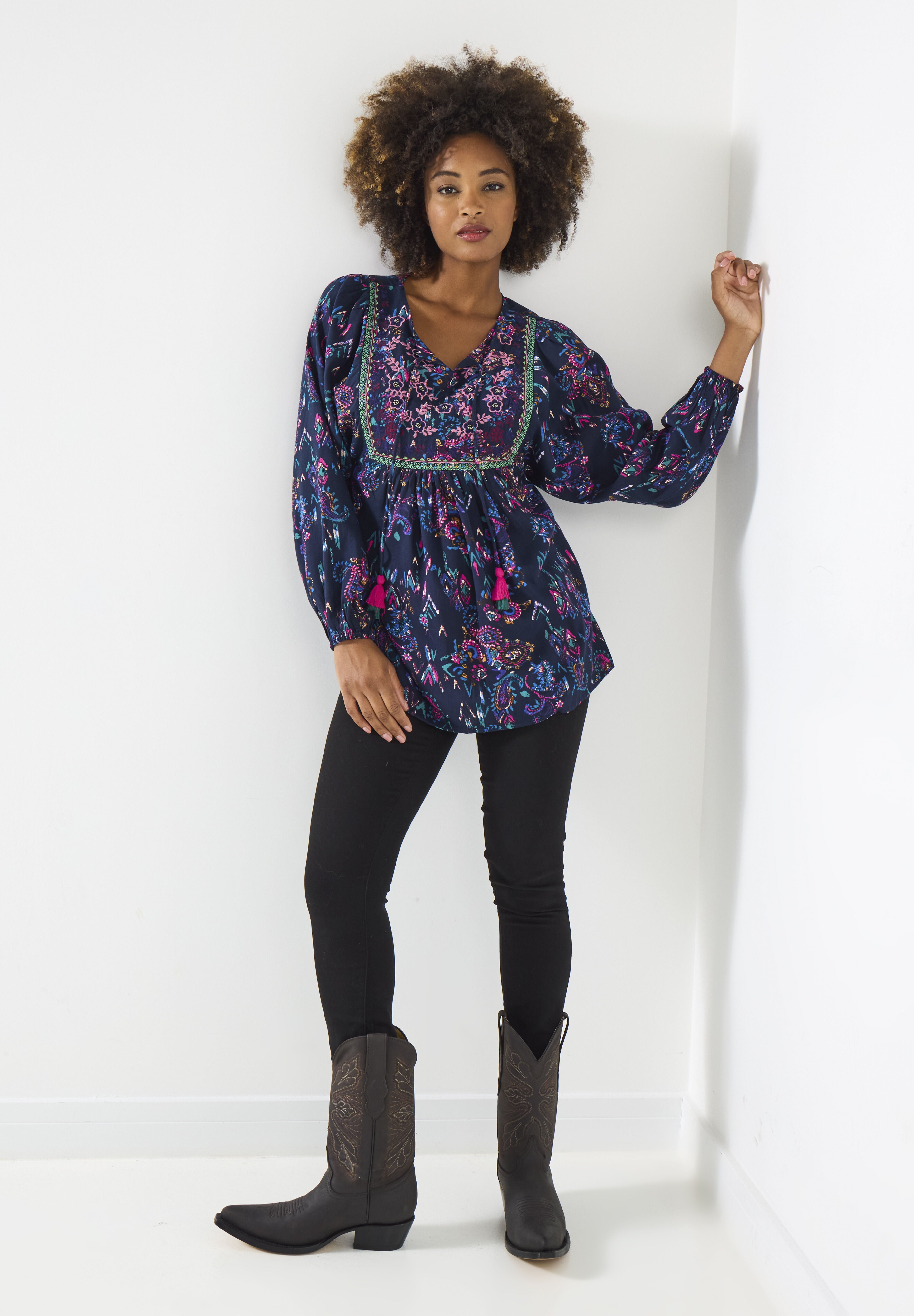Boho Embroidered Blouse, BOHO MIXED PAISLEY, hi-res image number 0