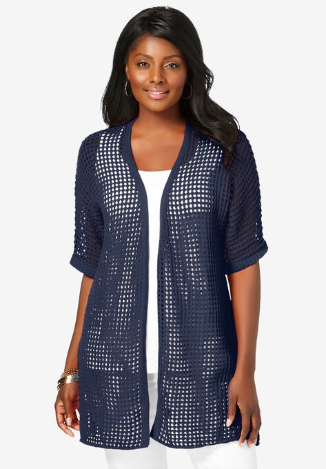 Crochet Long Cardigan, NAVY, hi-res image number null
