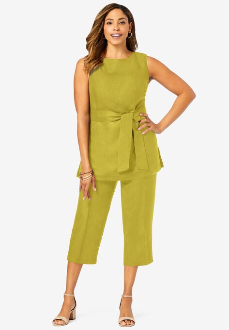 Linen Blend Capri Set, OLIVE YELLOW, hi-res image number null