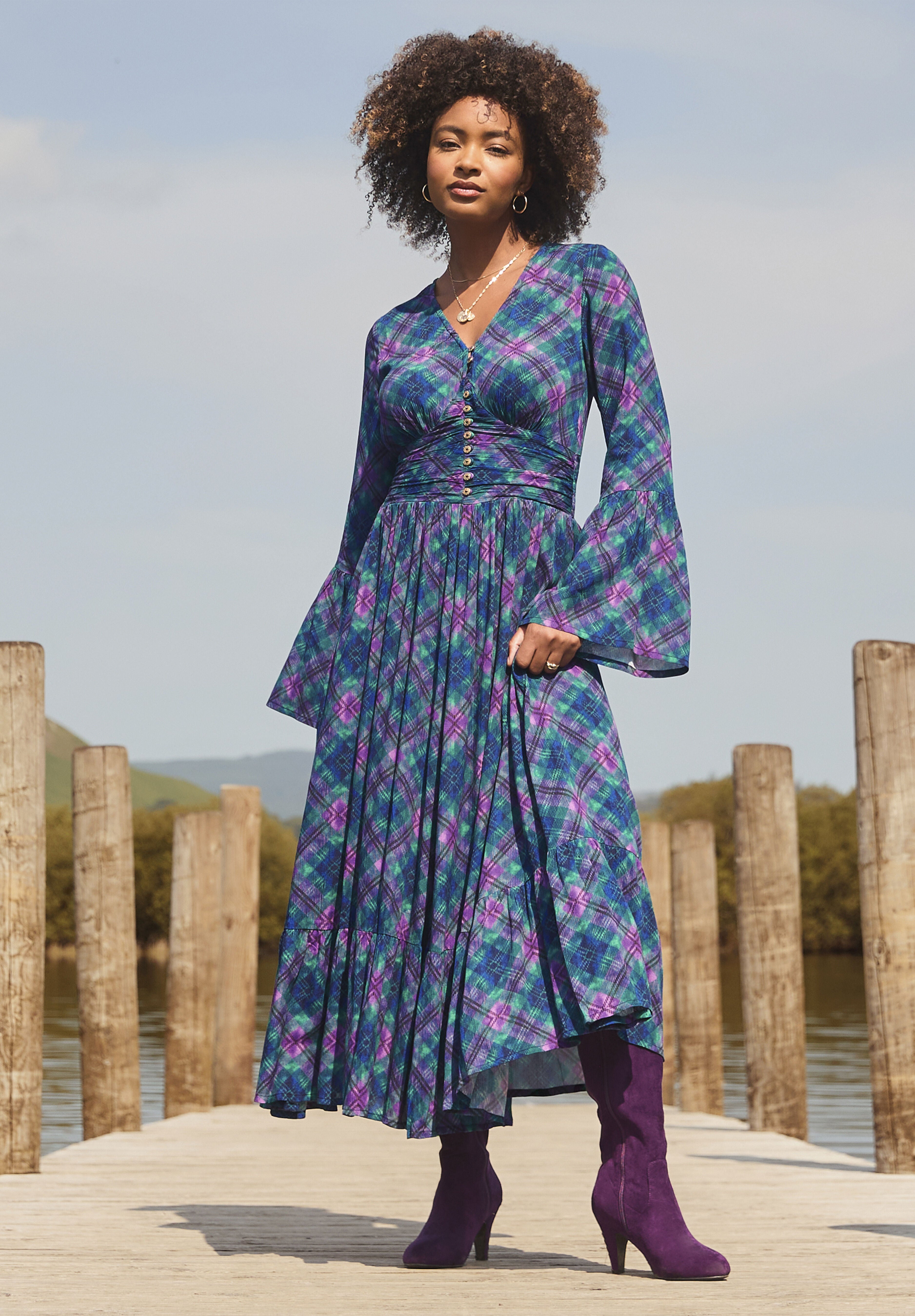 Peasant Maxi Dress, BIAS AUTUMN PLAID, hi-res image number 0