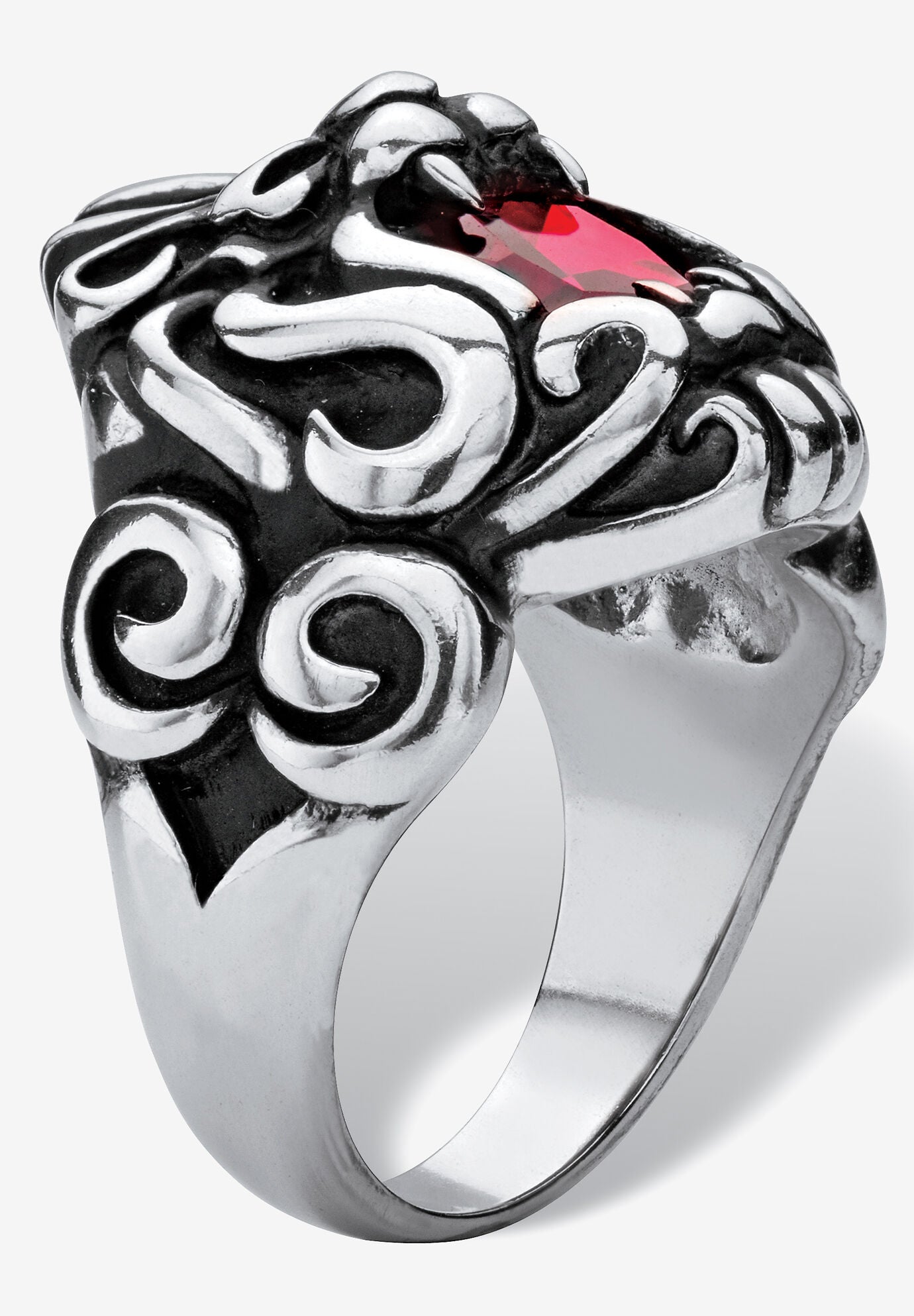 Men's Stainless Steel Antiqued Red Cubic Zirconia Lion's Head Ring, , on-hover image number 1