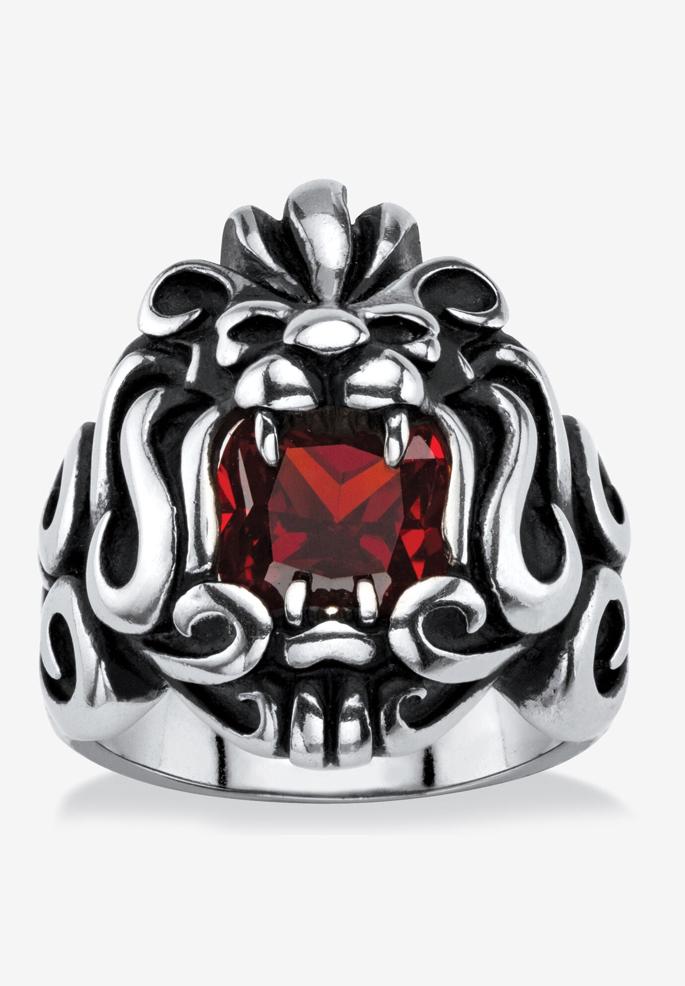 Men's Stainless Steel Antiqued Red Cubic Zirconia Lion's Head Ring, CUBIC ZIRCONIA, hi-res image number 0