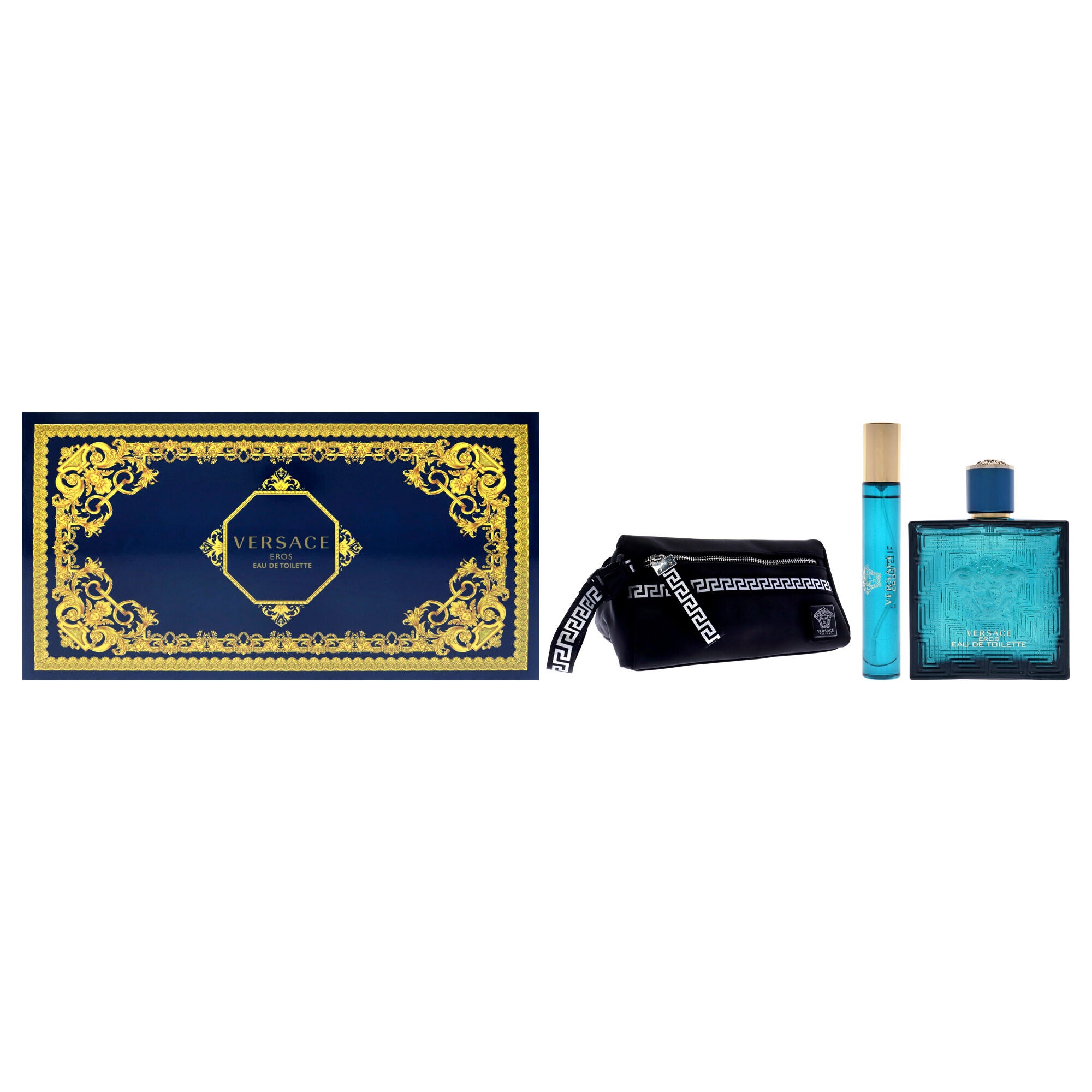 Versace Eros by Versace for Men - 3 Pc Gift Set 3.4oz EDT Spray, 10ml EDT Spray, Blue Trousse, See Description, hi-res image number 0