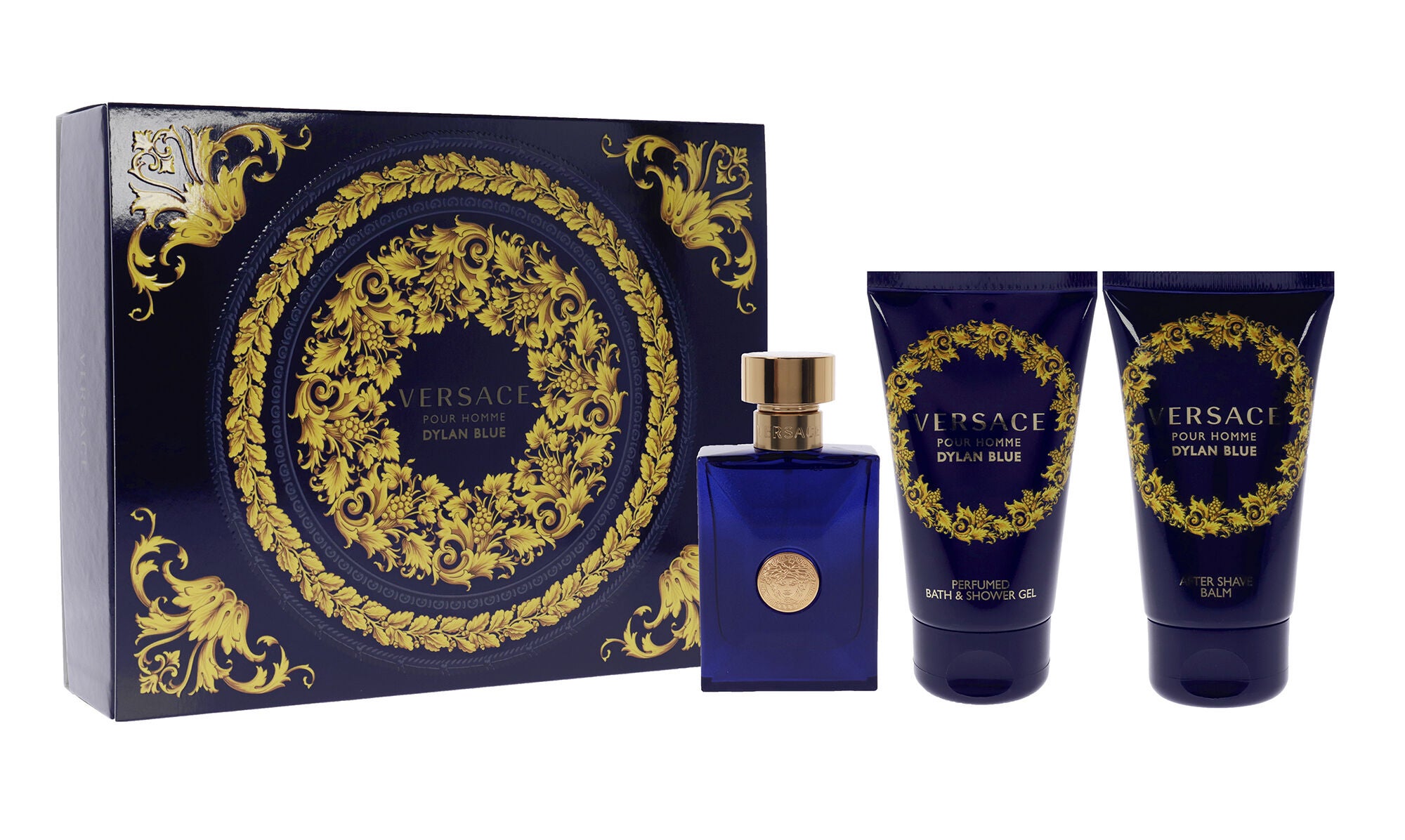 Dylan Blue by Versace for Men - 3 Pc Gift Set 1.7oz EDT Spray, 1.7oz After Shave Balm, 1.7oz Perfumed Bath Shower Gel, See Description, hi-res image number 0