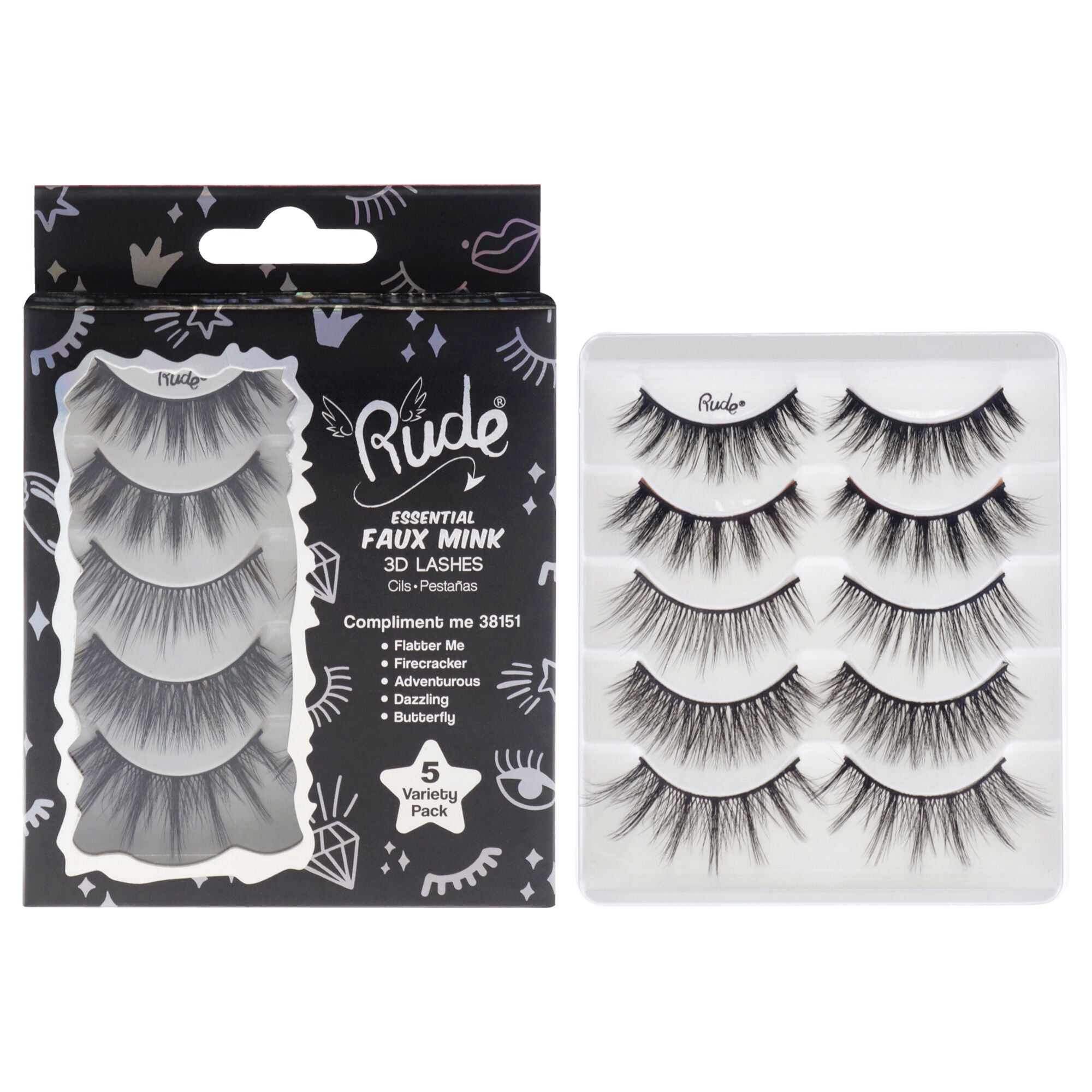 Essential Faux Mink 3D Lashes - Compliment Me by Rude Cosmetics for Women - 5 Pair Eyelashes, See Description, hi-res image number 0