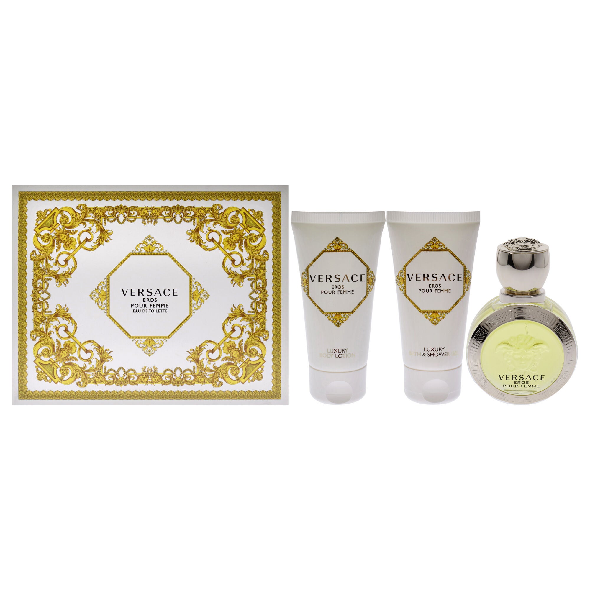 Versace Eros Pour Femme by Versace for Women - 3 Pc Gift Set 1.7oz EDT Spray, 1.7oz Luxury Bath Shower Gel, 1.7oz Luxury Body Lotion, See Description, hi-res image number 0