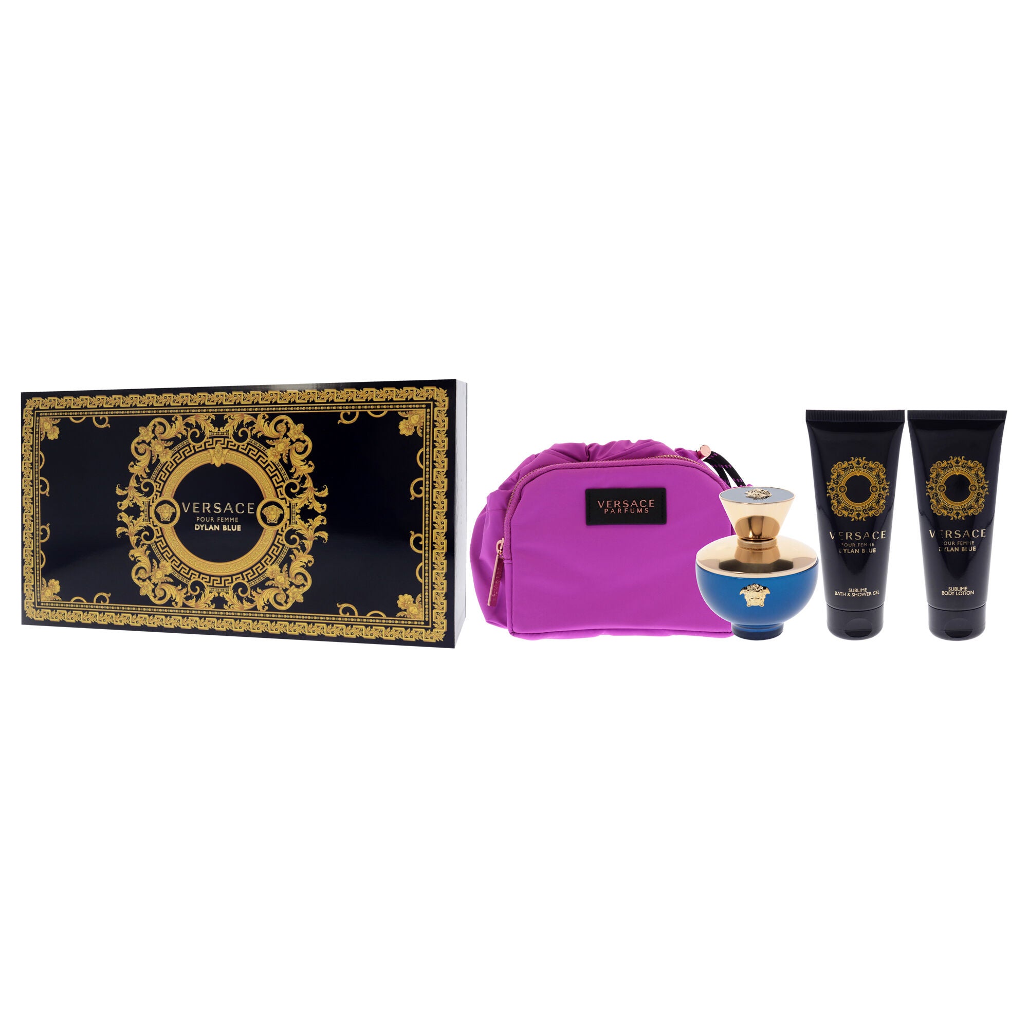 Dylan Blue by Versace for Women - 4 Pc Gift Set - 3.4oz EDP Spray, 3.4oz Sublime Body Lotion, 3.4oz Sublime Bath and Shower Gel, Makeup Case, See Description, alternate image number 2