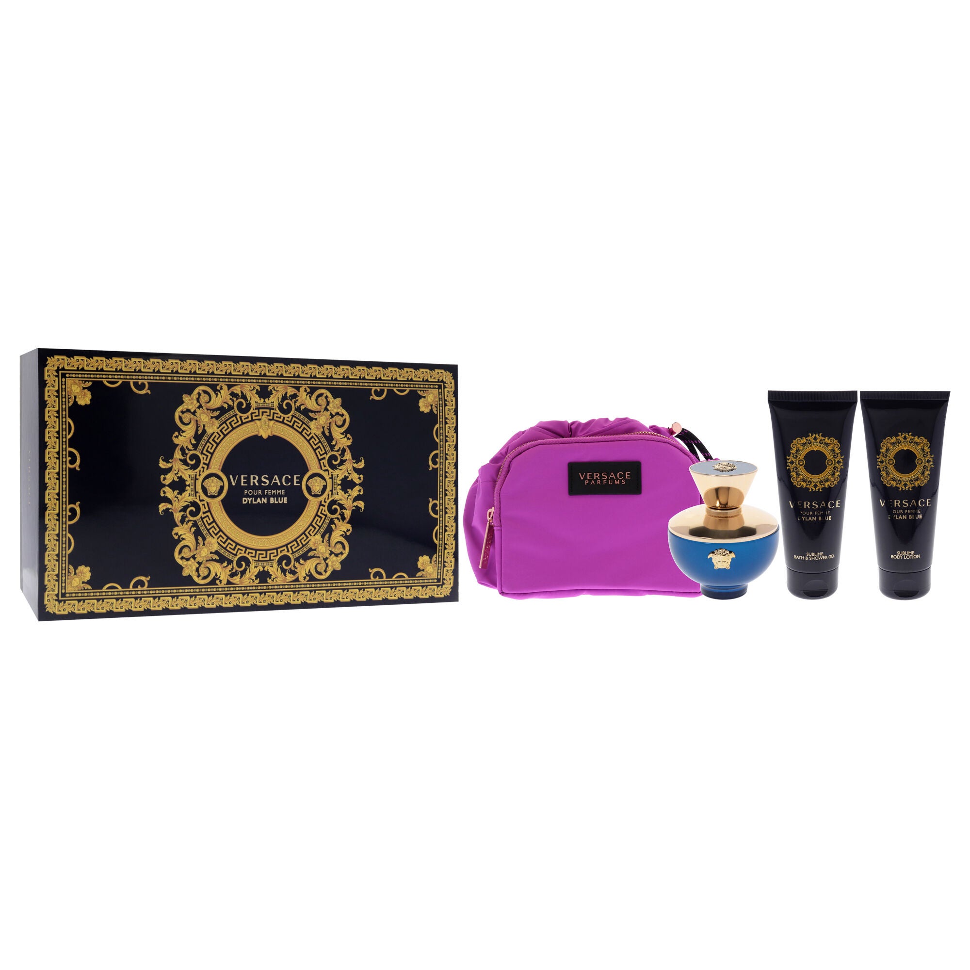 Dylan Blue by Versace for Women - 4 Pc Gift Set - 3.4oz EDP Spray, 3.4oz Sublime Body Lotion, 3.4oz Sublime Bath and Shower Gel, Makeup Case, See Description, alternate image number 1