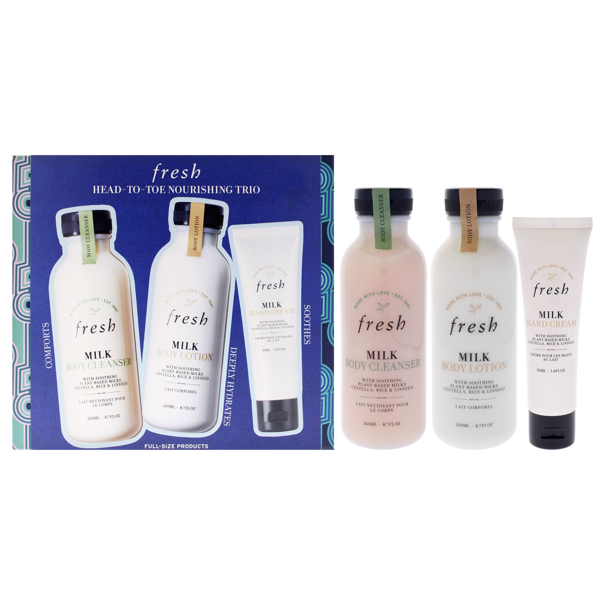 Head to Toe Nourishing Trio by Fresh for Women - 3 Pc 8.7oz Body Cleanser - Milk, 8.7oz Body Lotion - Milk, 1.6oz Hand Cream - Milk, White, hi-res image number 0
