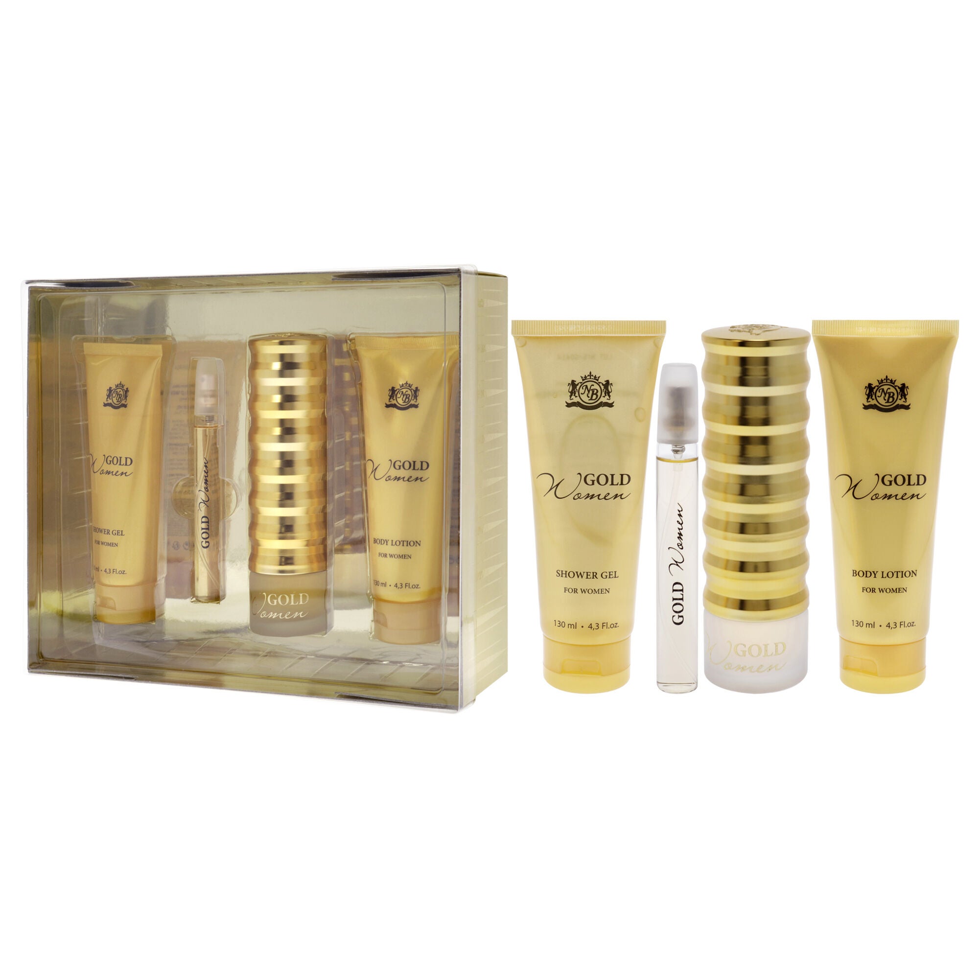 Gold by New Brand for Women - 4 Pc Gift Set 3.3oz EDP Spray, 0.5oz EDP Spray, 4.3oz Shower Gel, 4.3oz Body Lotion, Clear, alternate image number 3