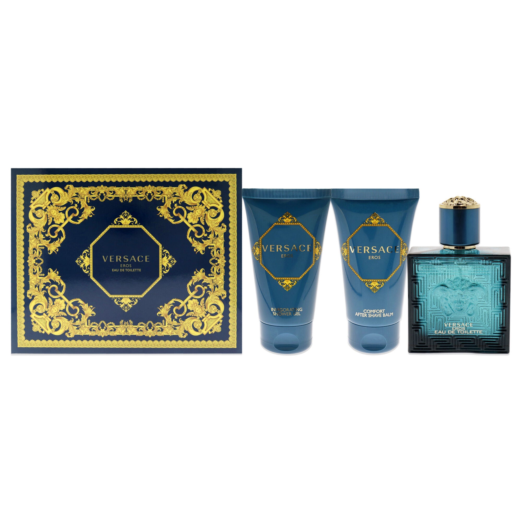 Versace Eros by Versace for Men - 3 Pc Gift Set 1.7 oz EDT Spray, 1.7 oz Comfort After Shave Balm, 1.7 oz Invigorating Shower Gel, See Description, hi-res image number 0