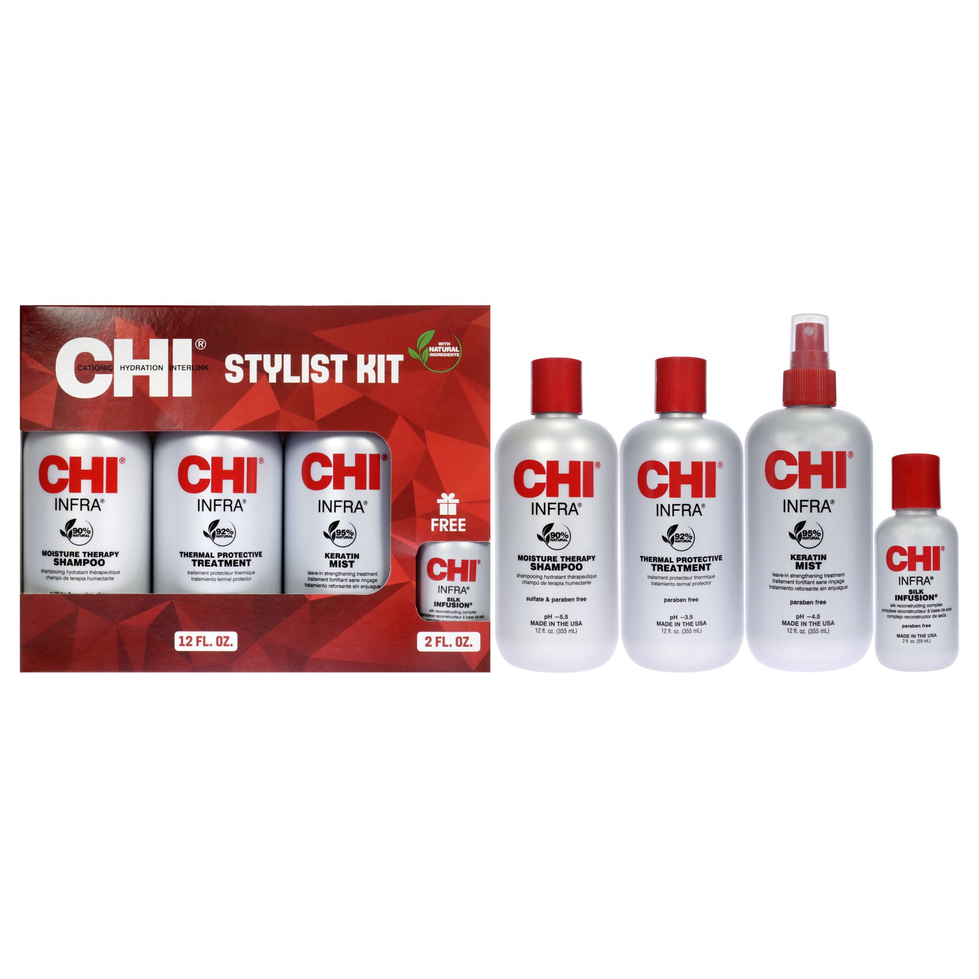 Stylist Kit by CHI for Unisex - 4 Pc 12oz Shampoo, 12oz Treatment, 12oz Keratin Mist, 2oz Silk Infusion, NA, hi-res image number 0