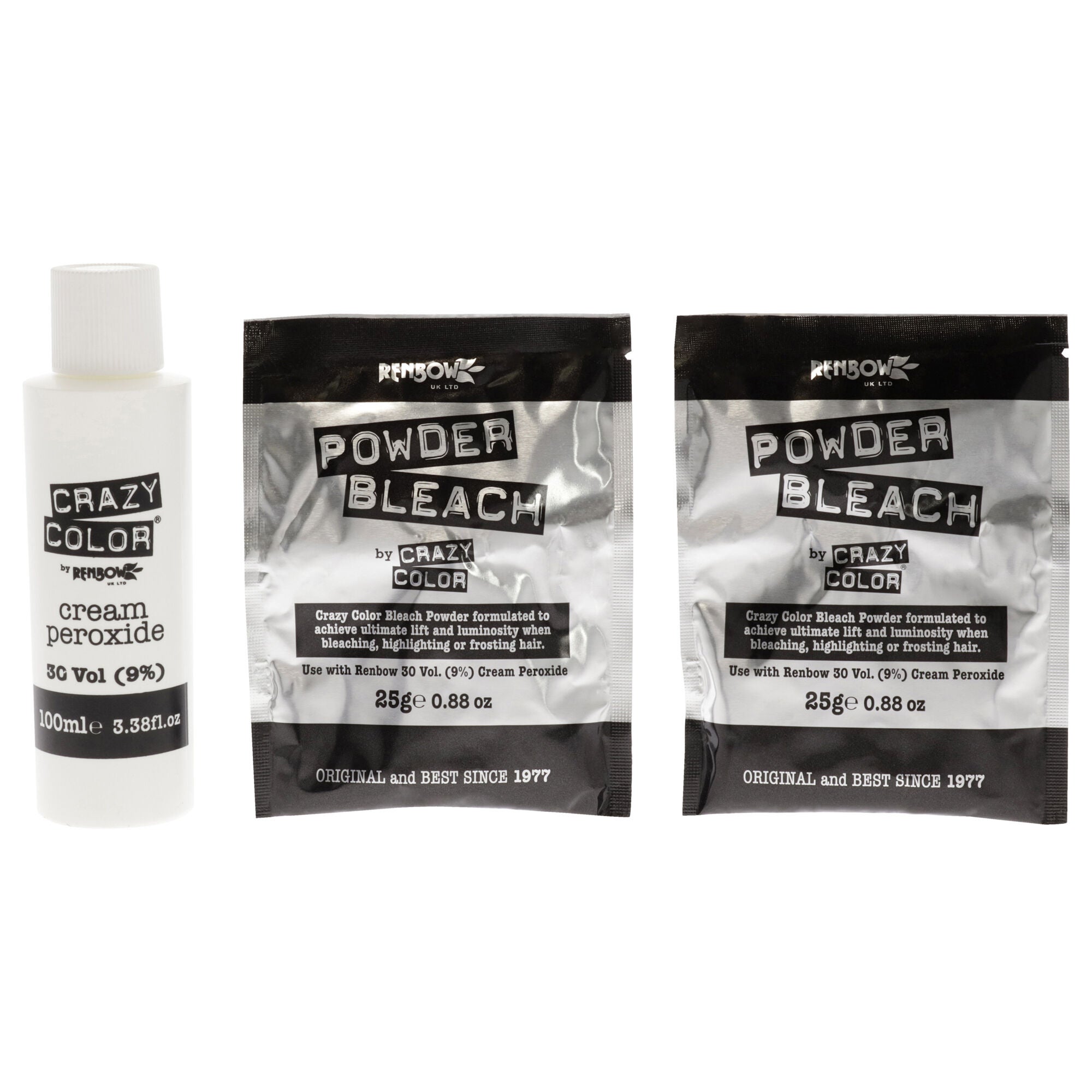 High Lift Bleaching Kit by Crazy Color - 7 Pc 1 Pc Disposable gloves, mixing bowl, spatula, tint brush, 2 x 0.88 Bleach Sachet, 3.38 Cream Peroxide, See Description, alternate image number 1