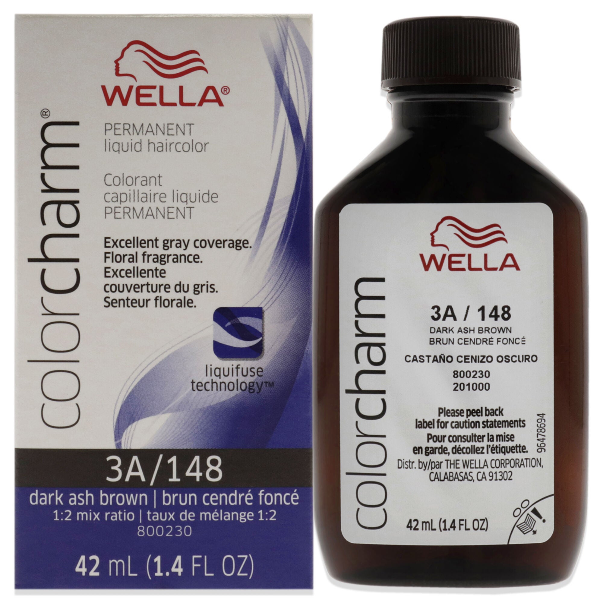 Color Charm Permanent Liquid Hair Color - 148 3A Dark Ash Brown by Wella for Unisex - 1.42 oz Hair Color, See Description, hi-res image number 0
