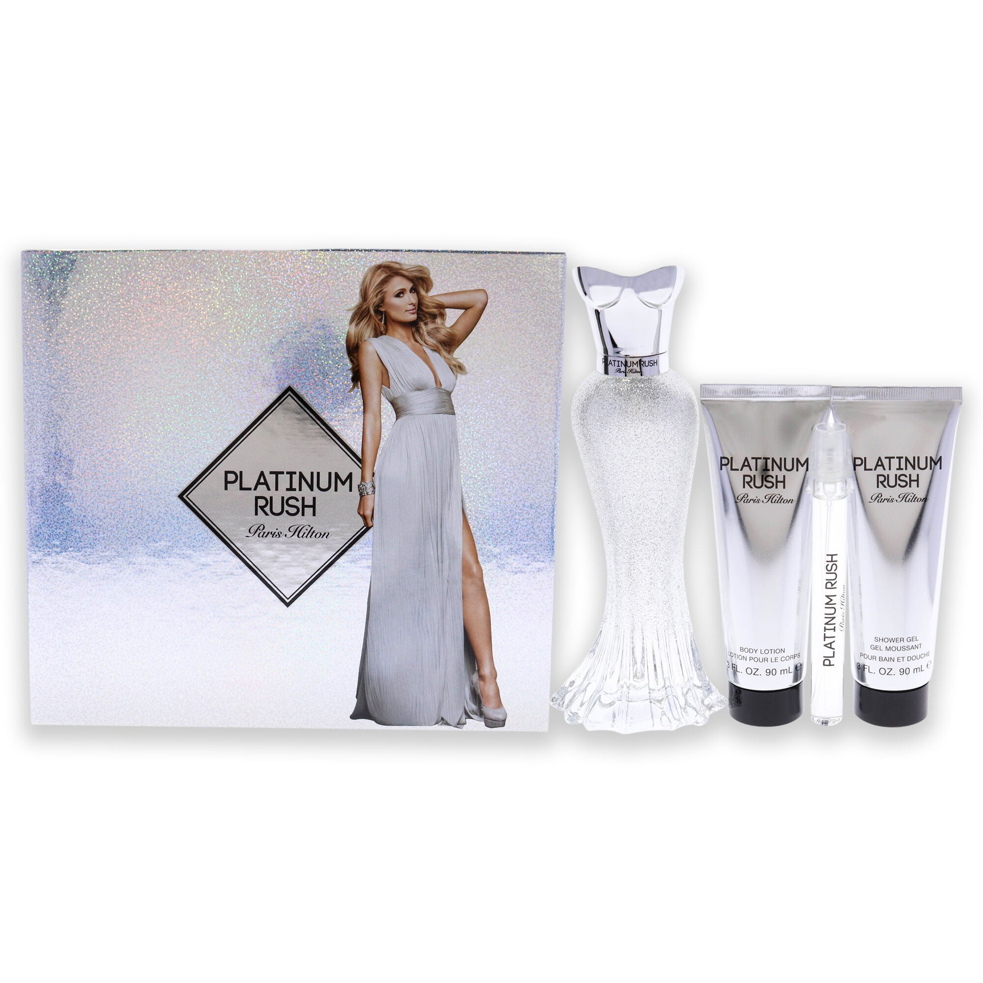 Platinum Rush by Paris Hilton for Women - 4 Pc Gift Set 3.4 oz EDP Spray, 0.33oz EDP Spray, 3oz Body Lotion, 3oz Shower Gel, See Description, hi-res image number 0