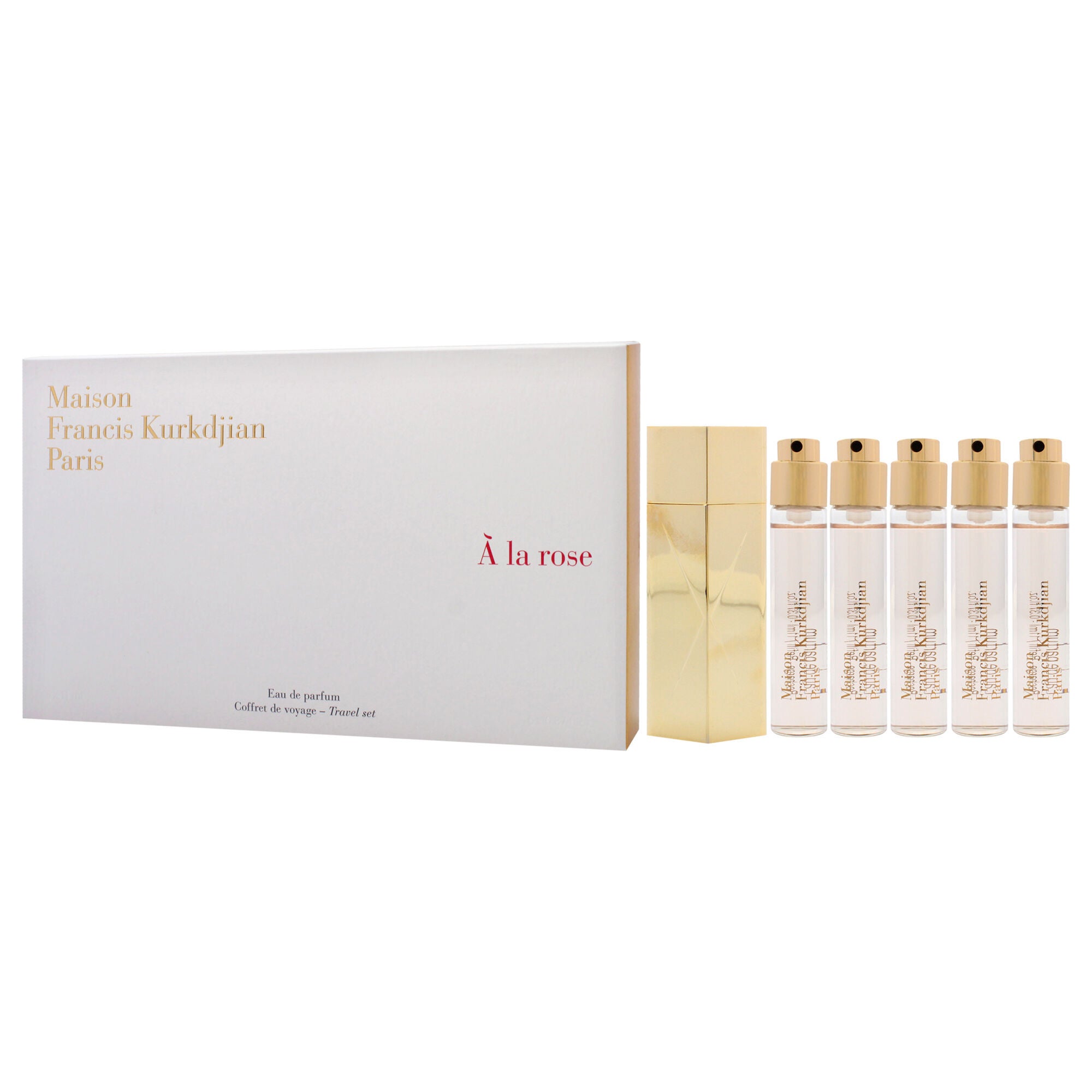 A La Rose Travel Set by Maison Francis Kurkdjian for Women - 6 Pc Gift Set 5 x 0.37 EDP Spray (Refill), Case Gold (Empty), See Description, alternate image number 3