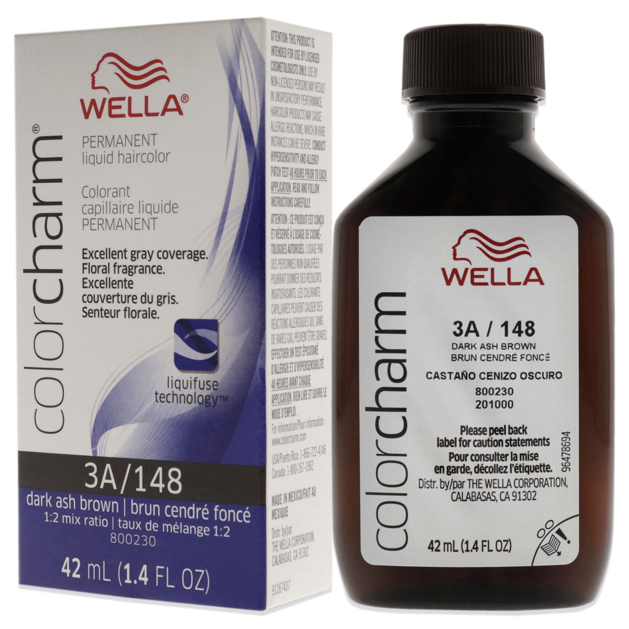 Color Charm Permanent Liquid Hair Color - 148 3A Dark Ash Brown by Wella for Unisex - 1.42 oz Hair Color, See Description, alternate image number 3