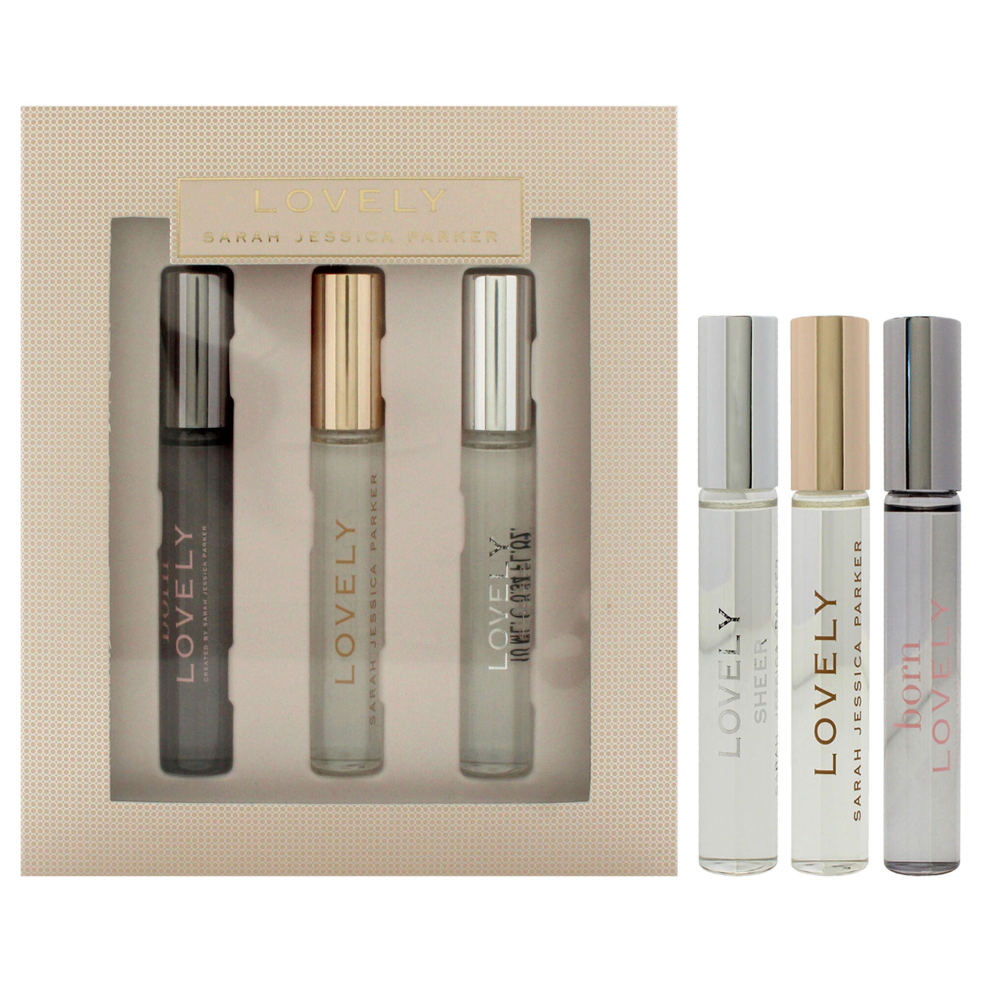 Lovely by Sarah Jessica Parker- 3 Pc Mini Gift Set 0.34oz Lovely EDP Rollerball, 0.34oz Loevly Sheer EDP Rollerball, 0.34oz Born Lovely EDP Rollerball, See Description, hi-res image number 0