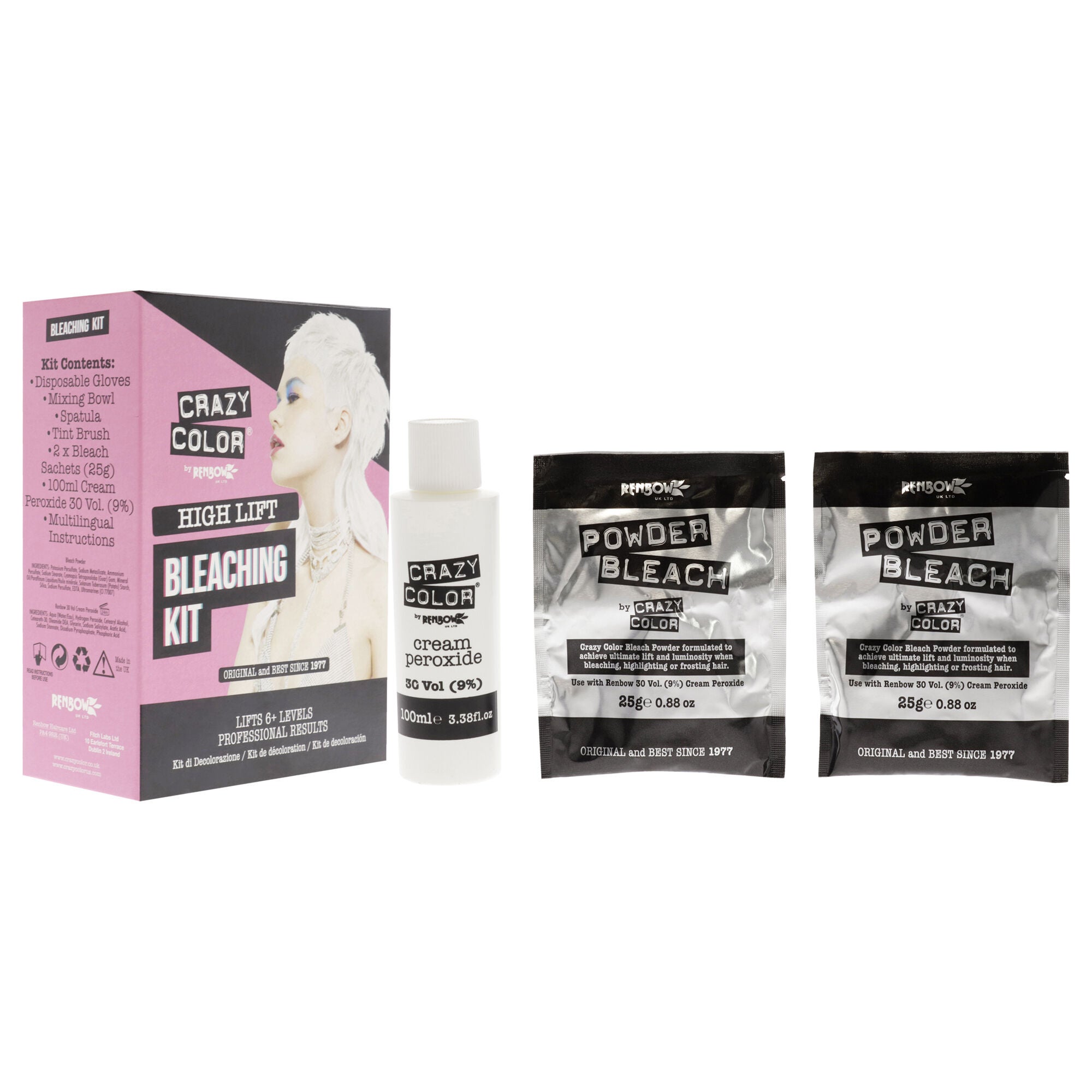 High Lift Bleaching Kit by Crazy Color - 7 Pc 1 Pc Disposable gloves, mixing bowl, spatula, tint brush, 2 x 0.88 Bleach Sachet, 3.38 Cream Peroxide, See Description, alternate image number 2