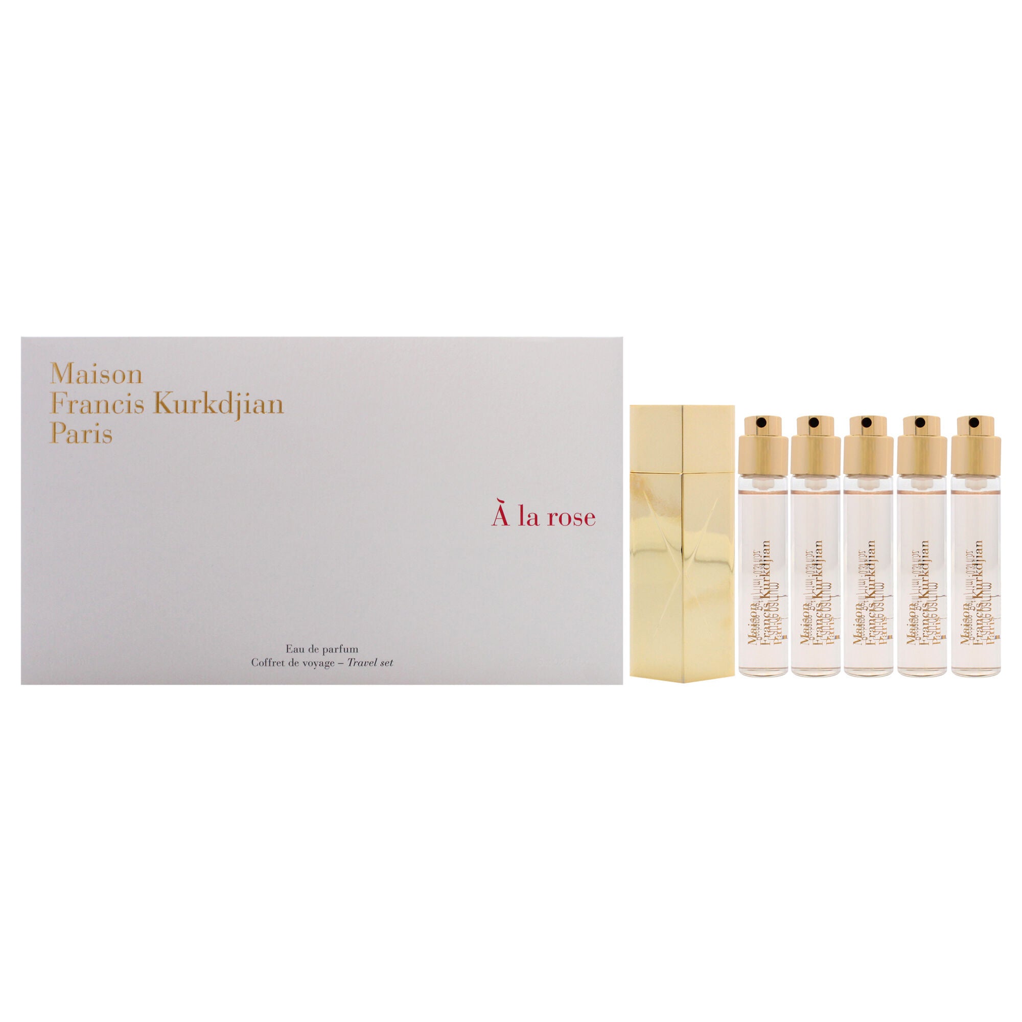 A La Rose Travel Set by Maison Francis Kurkdjian for Women - 6 Pc Gift Set 5 x 0.37 EDP Spray (Refill), Case Gold (Empty), See Description, hi-res image number 0