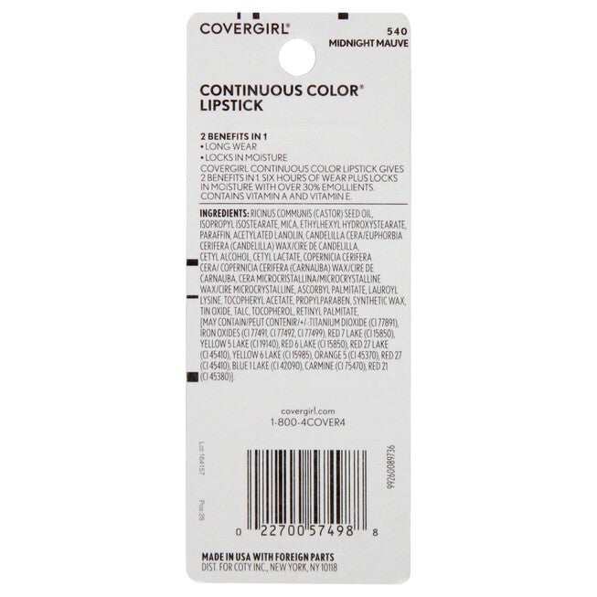 Continuous Color Lipstick - 540 Midnight Mauve by CoverGirl for Women - 0.13 oz Lipstick, See Description, alternate image number 2