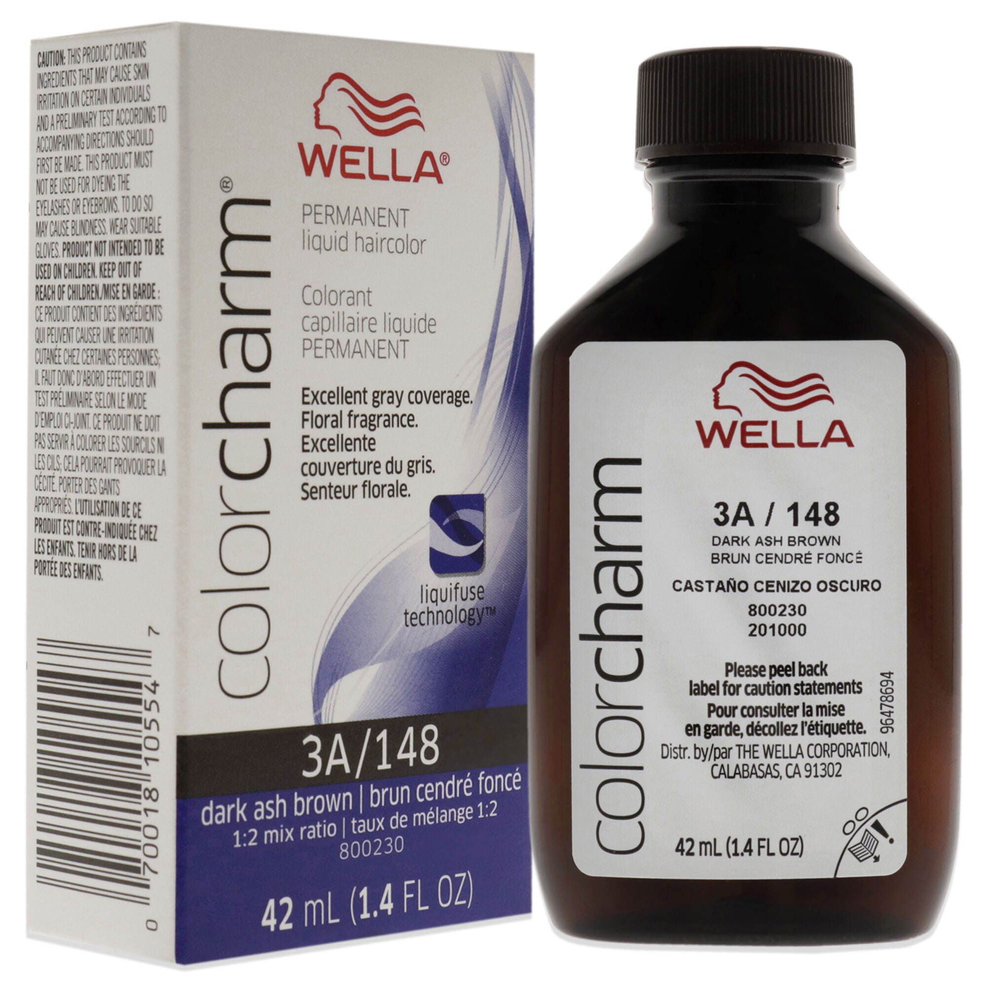 Color Charm Permanent Liquid Hair Color - 148 3A Dark Ash Brown by Wella for Unisex - 1.42 oz Hair Color, See Description, alternate image number 2