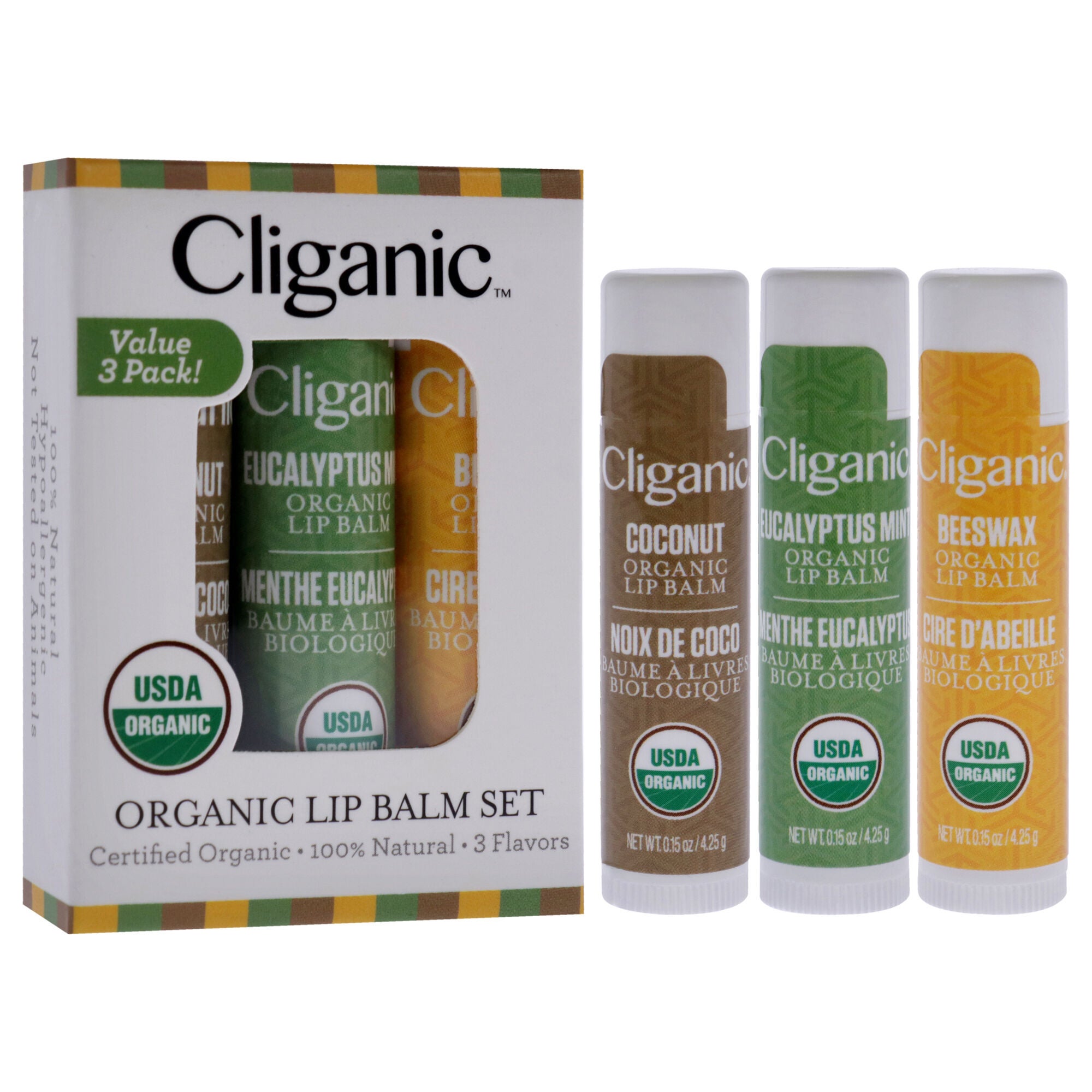 Organic Lip Balm Set by Cliganic for Unisex - 3 Pc 0.15oz Lip Balm - Beeswax, 0.15oz Lip Balm - Eucalyptus Mint, 0.15oz Lip Balm - Coconut, See Description, alternate image number 2