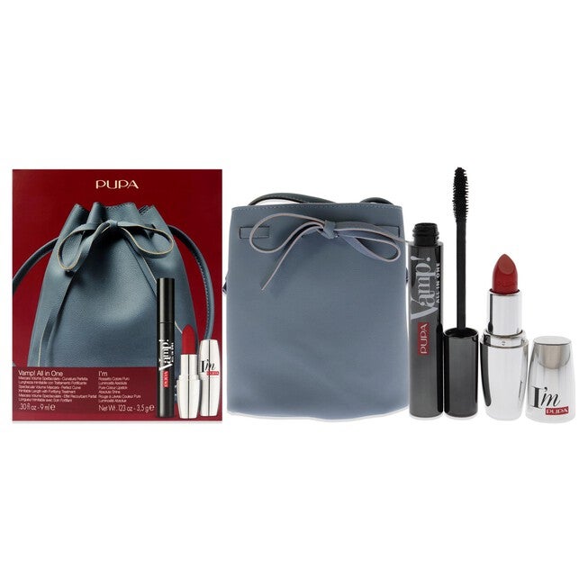 Vamp! All In One and I Am Set by Pupa Milano for Women - 3 Pc 0.30oz amp! All In One Mascara - 101 Black, 0.123oz Lipstick - 303, Bucket Bag, See Description, hi-res image number 0