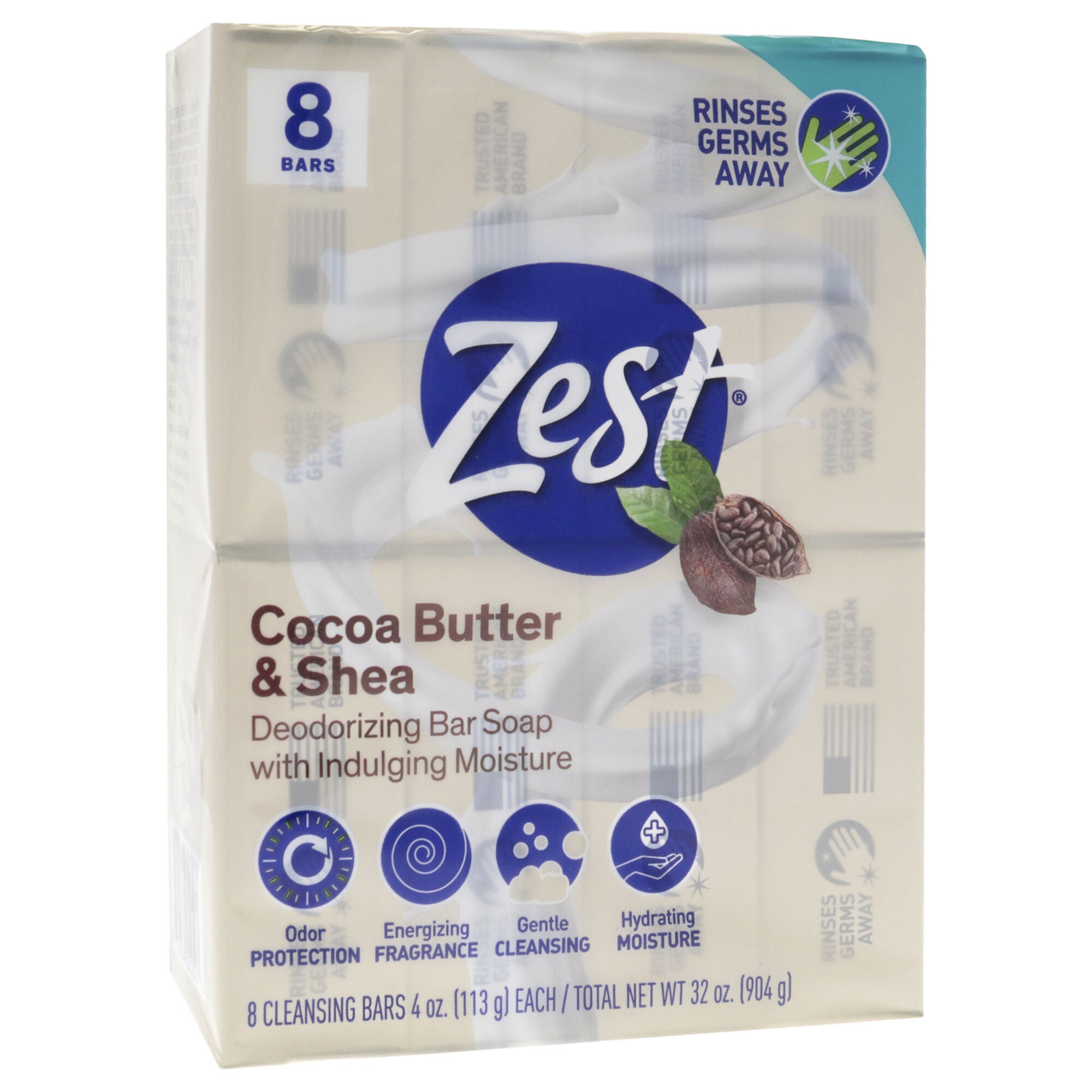 Deodorant Bar Soap - Cocoa Butter and Shea by Zest for Women - 8 x 4 oz Bar Soap, See Description, alternate image number 2