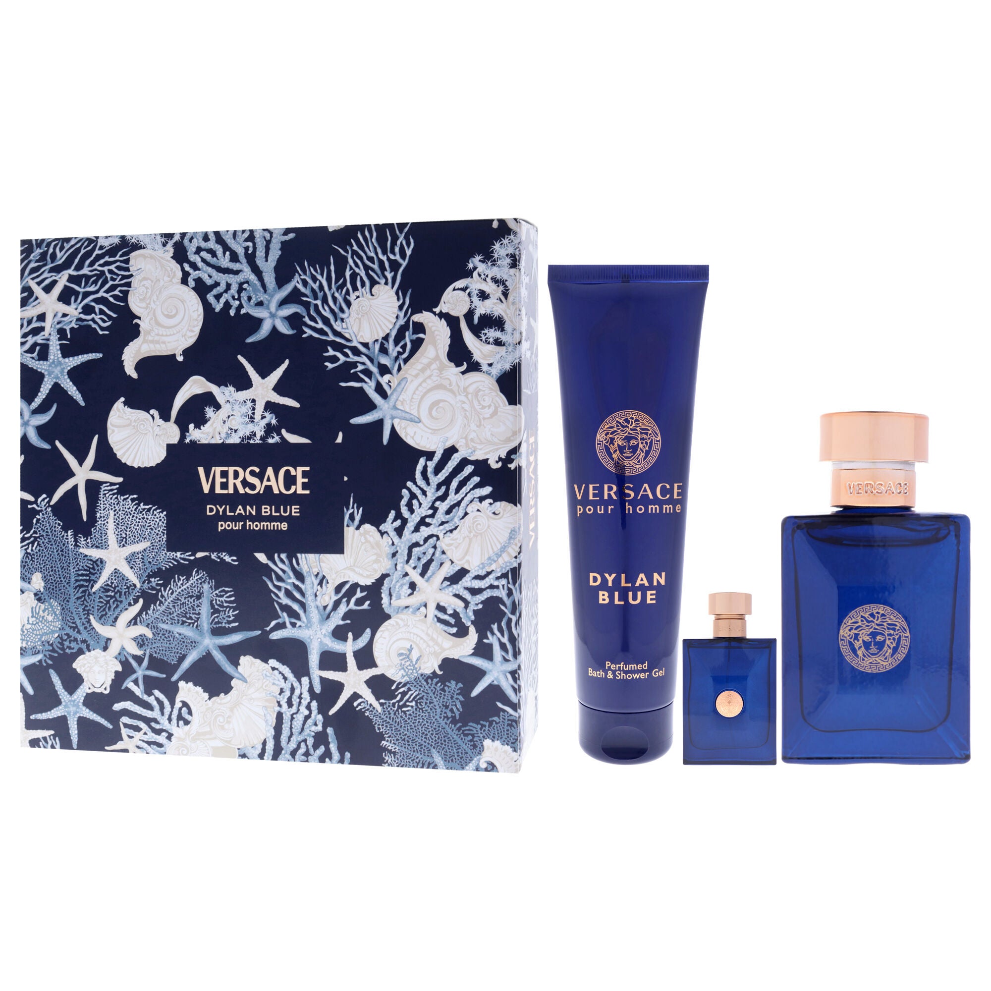 Dylan Blue by Versace for Men - 3 Pc Gift Set 3.4oz EDT Spray, 0.17oz EDT Splash (Mini), 5oz Bath and Shower Gel, Clear, alternate image number 3