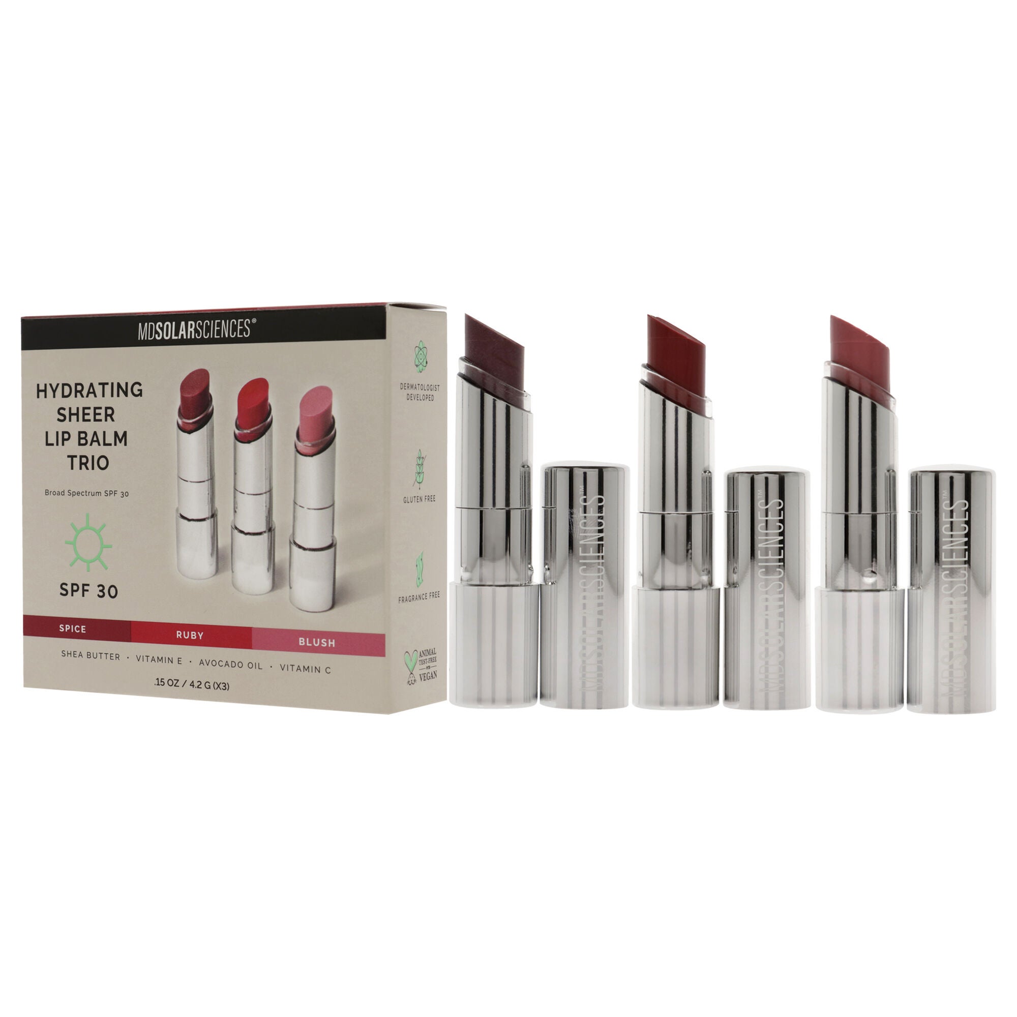 Hydrating Sheer Lip Balm Trio SPF 30 by MDSolarSciences for Women - 3 Pc 0.15oz Lip Balm - Spice, 0.15oz Lip Balm - Ruby, 0.15oz Lip Balm - Blush, See Description, alternate image number 3