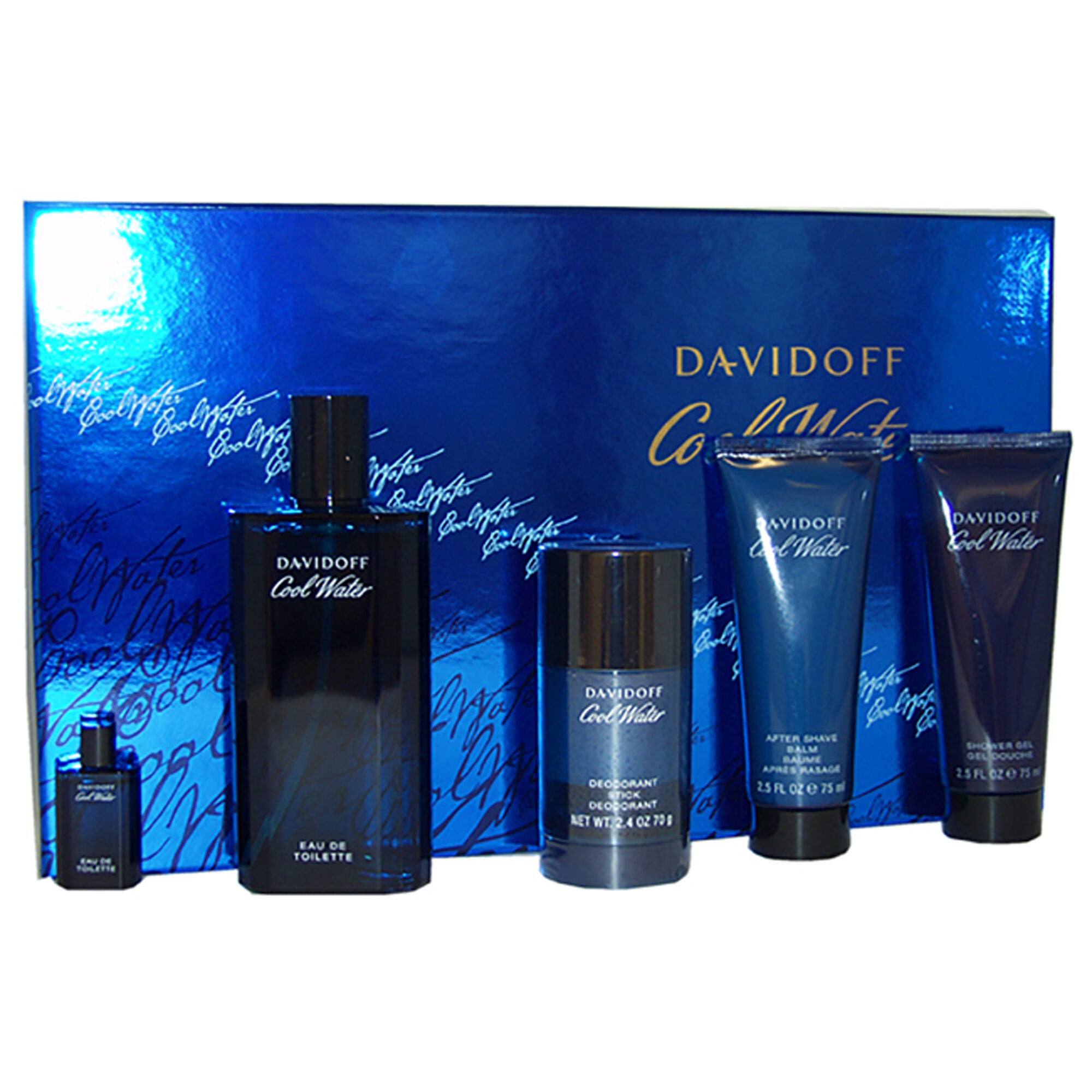 Cool Water by Davidoff for Men - 5 Pc Gift Set 4.2oz EDT Spray, 5ml EDT Splash (Mini), 2.5oz After Shave Balm, 2.5oz Shower Gel, 2.4oz Deodorant Stick, Clear, hi-res image number 0