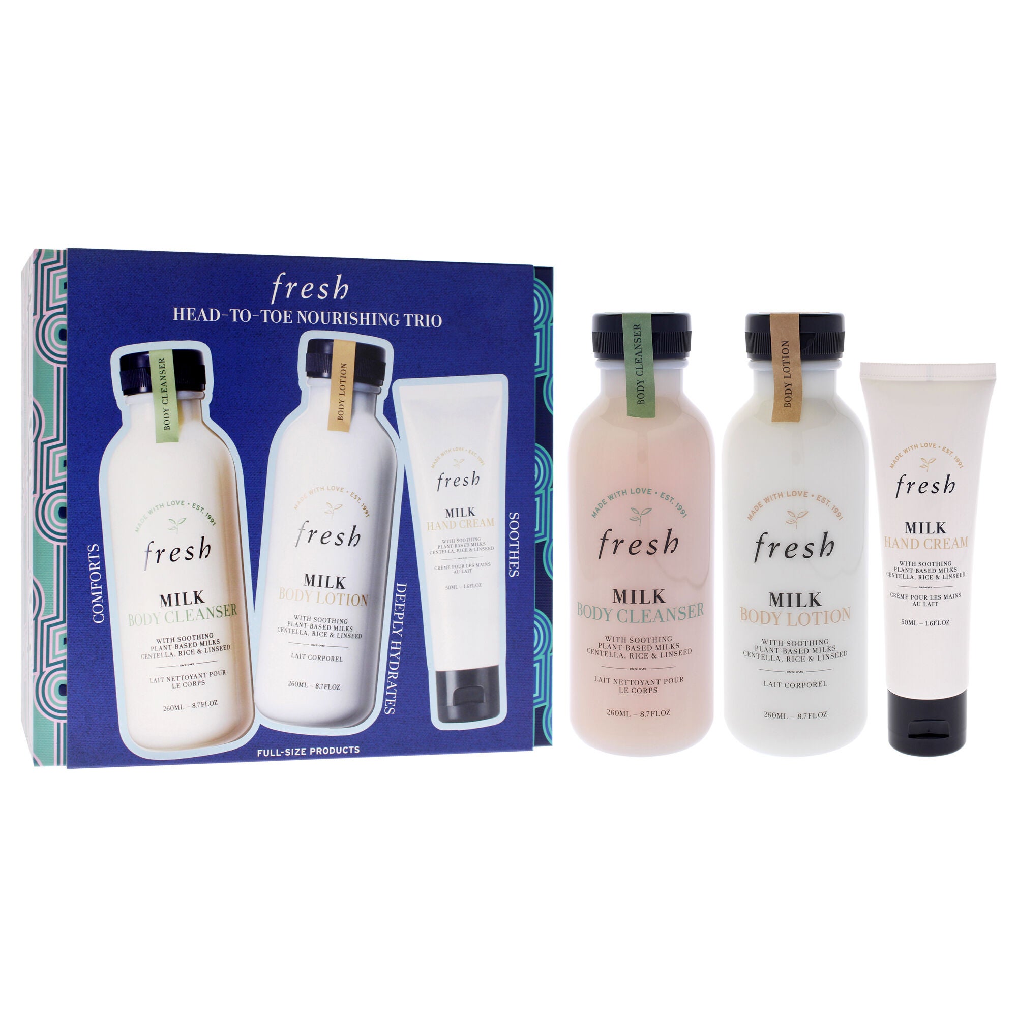 Head to Toe Nourishing Trio by Fresh for Women - 3 Pc 8.7oz Body Cleanser - Milk, 8.7oz Body Lotion - Milk, 1.6oz Hand Cream - Milk, White, alternate image number 1