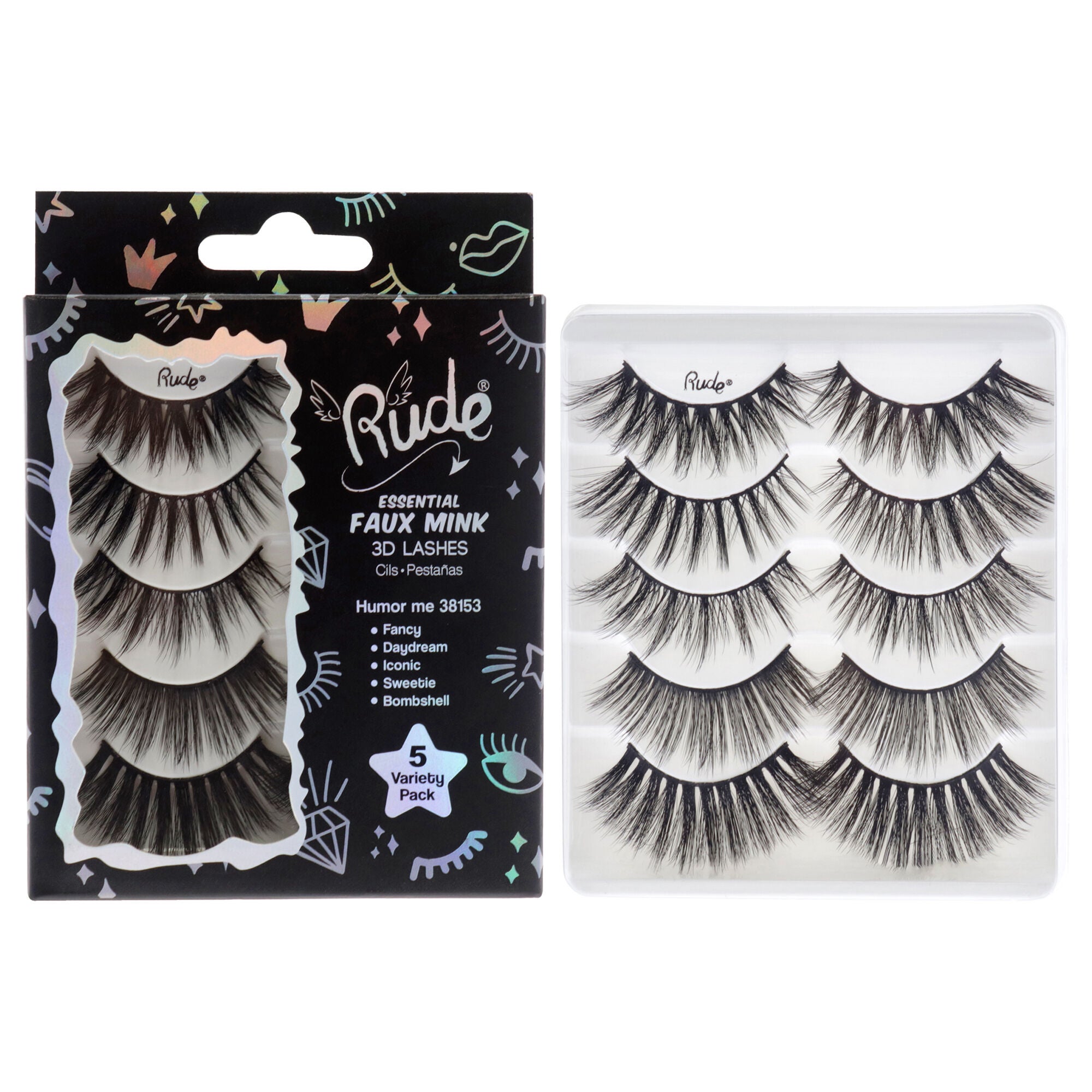Essential Faux Mink 3D Lashes - Humor Me by Rude Cosmetics for Women - 5 Pair Eyelashes, See Description, hi-res image number 0