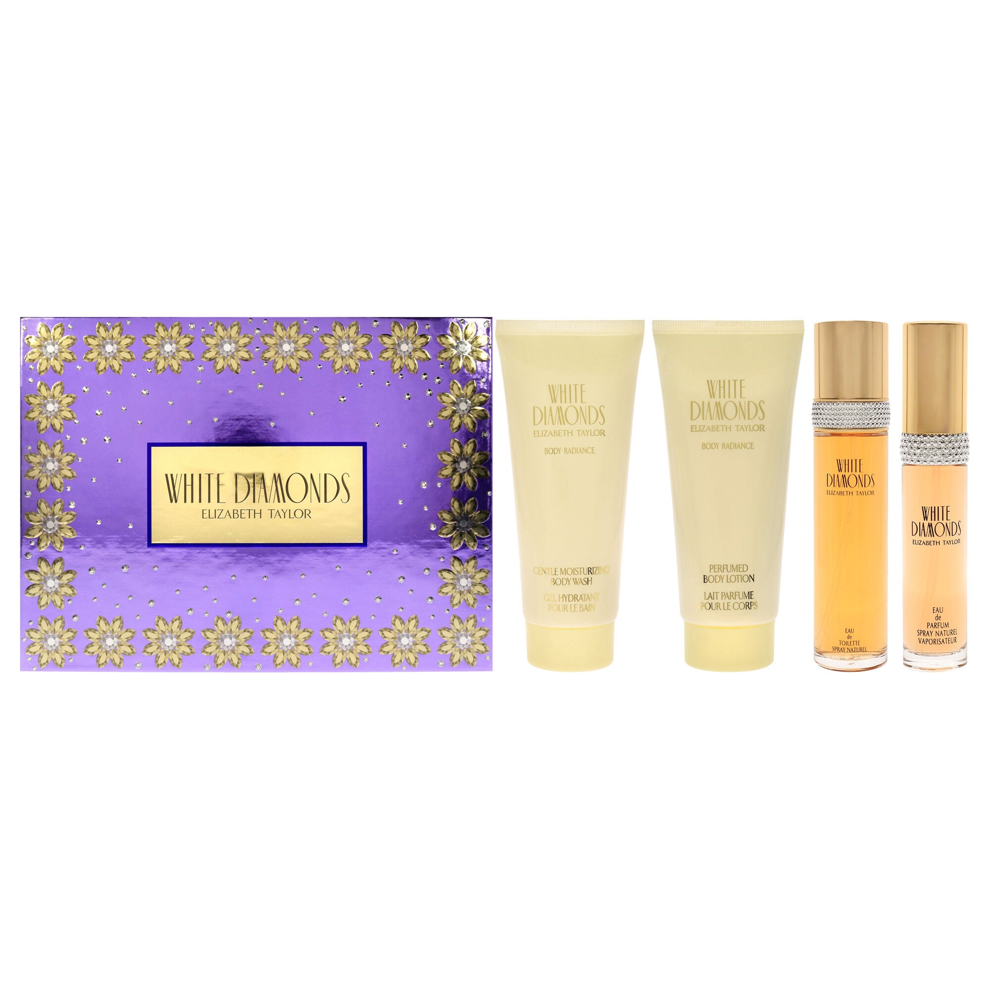 White Diamonds by Elizabeth Taylor for Women - 4 Pc Gift Set 3.3oz EDT Spray, 3.3oz Body Lotion, 3.3oz Body Wash, 15ml EDP Spray Mini, See Description, hi-res image number 0