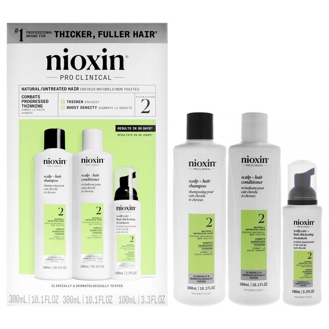 System 2 Kit by Nioxin for Unisex - 3 Pc 10.1oz Cleanser Shampoo, 10.1 oz Scalp Therapy Conditioner, 1Liter Scalp and Hair Treatment, See Description, hi-res image number 0