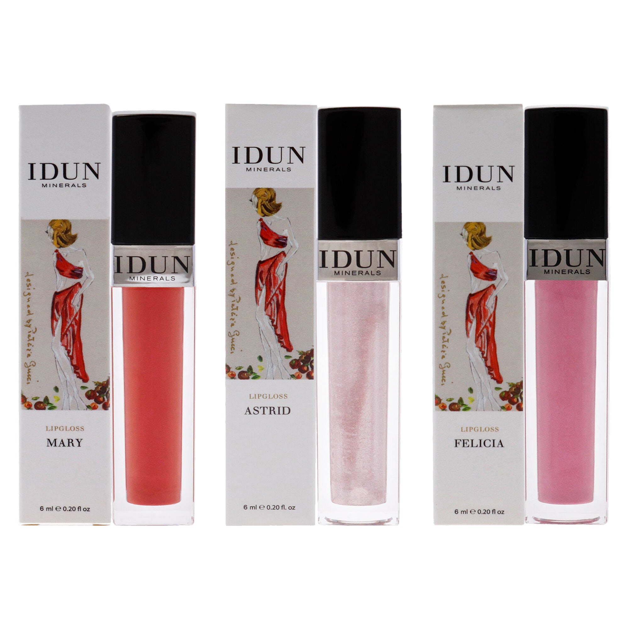 Lipgloss - 012 Mary-004 Felicia and 001 Astrid Kit by Idun Minerals for Women - 3 Pc Kit 0.2oz x 3Lip Gloss, See Description, hi-res image number 0