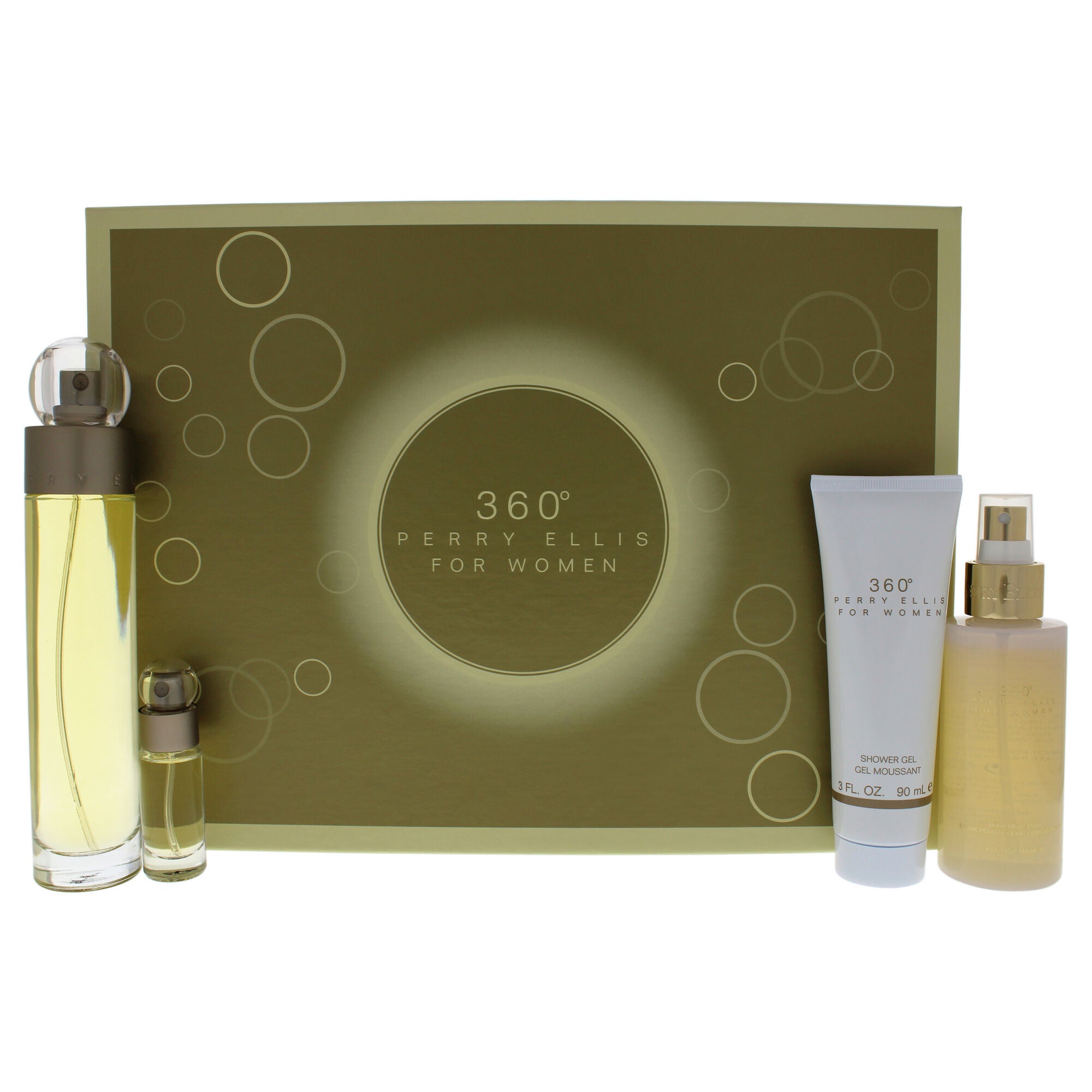 360 by Perry Ellis for Women - 4 Pc Gift Set 3.4oz EDT Spray, 4oz Body Mist Spray, 3oz Shower Gel, 0.25oz EDT Spray, See Description, hi-res image number 0