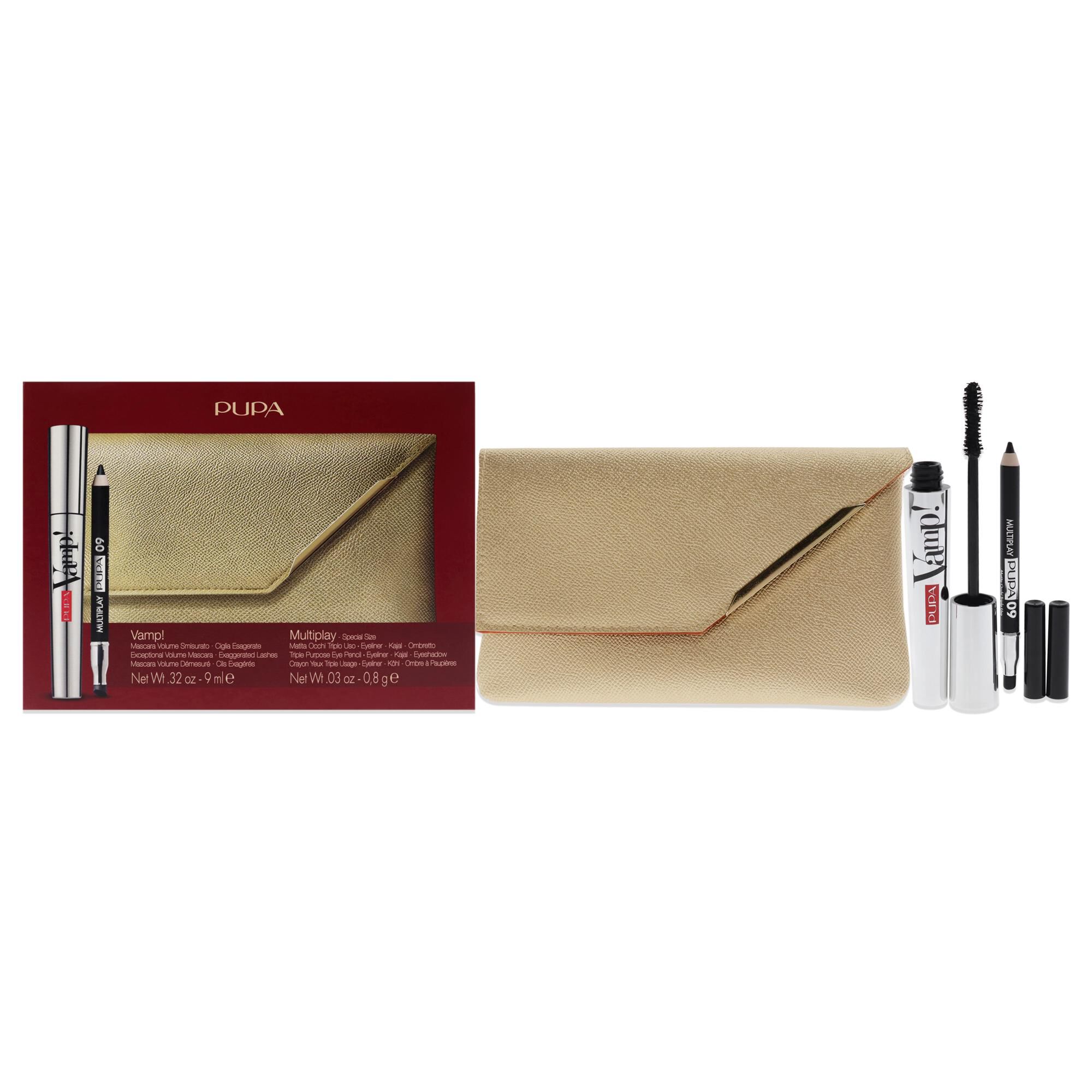 Vamp! and Multiply Set by Pupa Milano for Women - 3 Pc 0.32oz Vamp! Mascara - 100 Black, 0.03oz Multiplay Eye Pencil - 09 Black, Wallet, See Description, hi-res image number 0