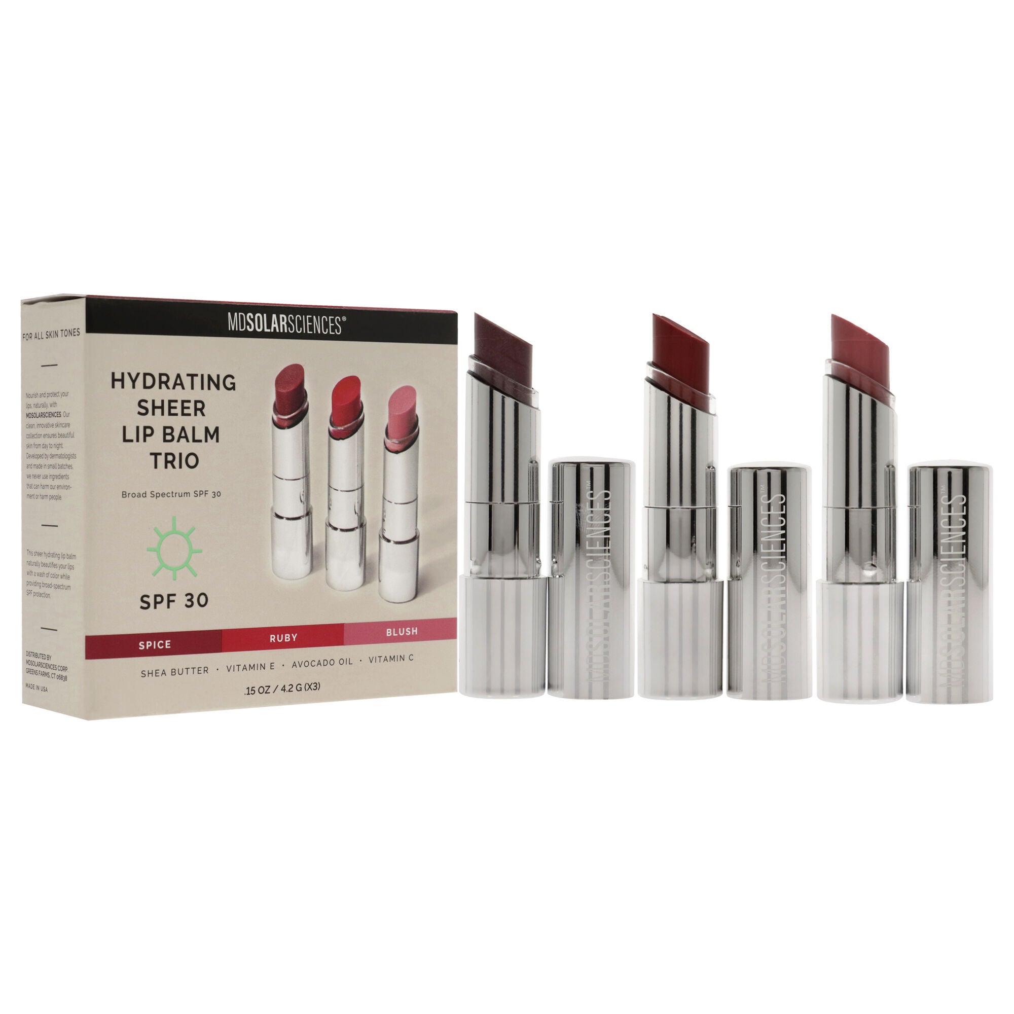 Hydrating Sheer Lip Balm Trio SPF 30 by MDSolarSciences for Women - 3 Pc 0.15oz Lip Balm - Spice, 0.15oz Lip Balm - Ruby, 0.15oz Lip Balm - Blush, See Description, alternate image number 2
