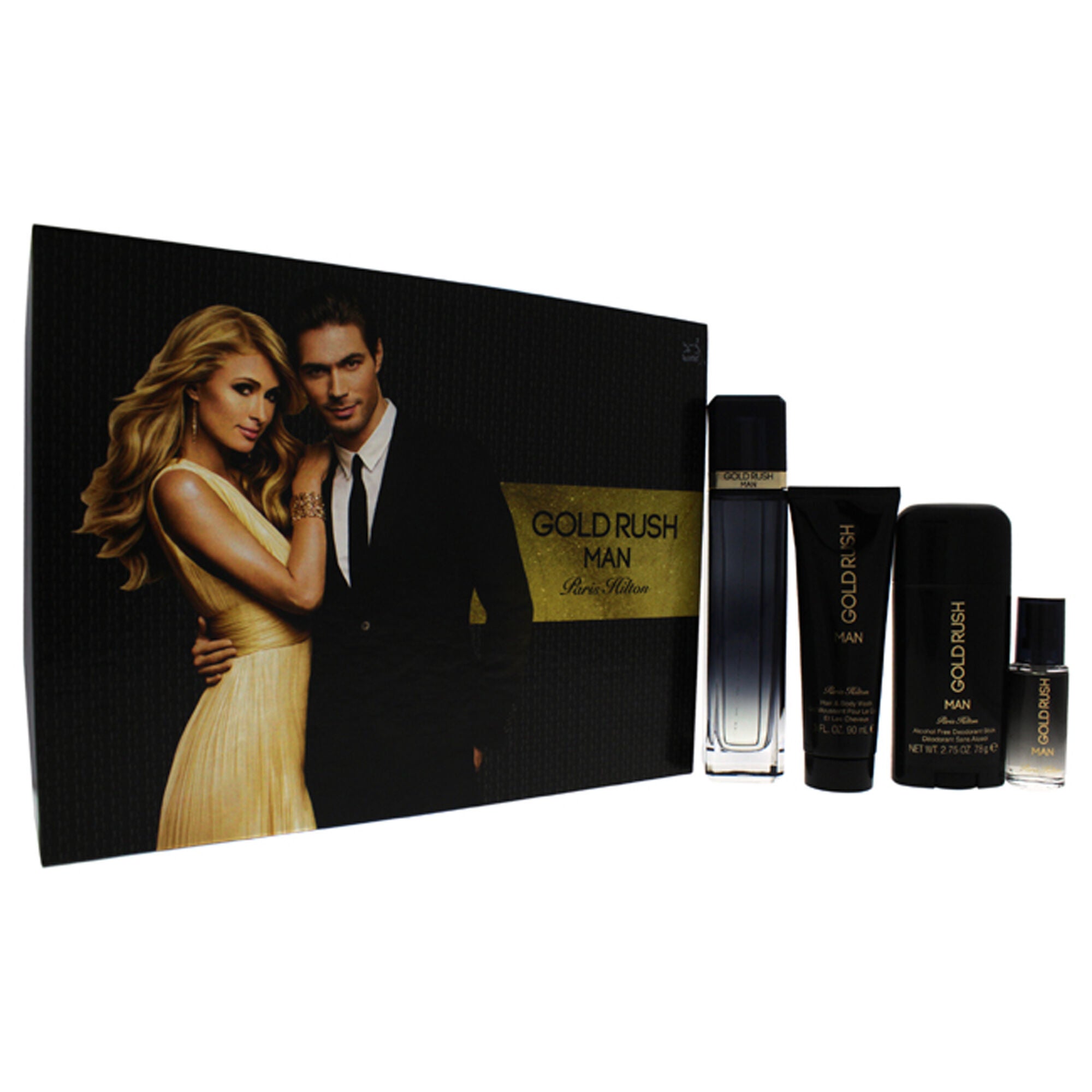 Gold Rush Man by Paris Hilton for Men - 4 Pc Gift Set 3.4oz EDT Spray, 0.5oz EDT Spray, 3.0oz Hair Body Wash, 2.75oz Alcohol Free Deodorant Stick, See Description, hi-res image number 0