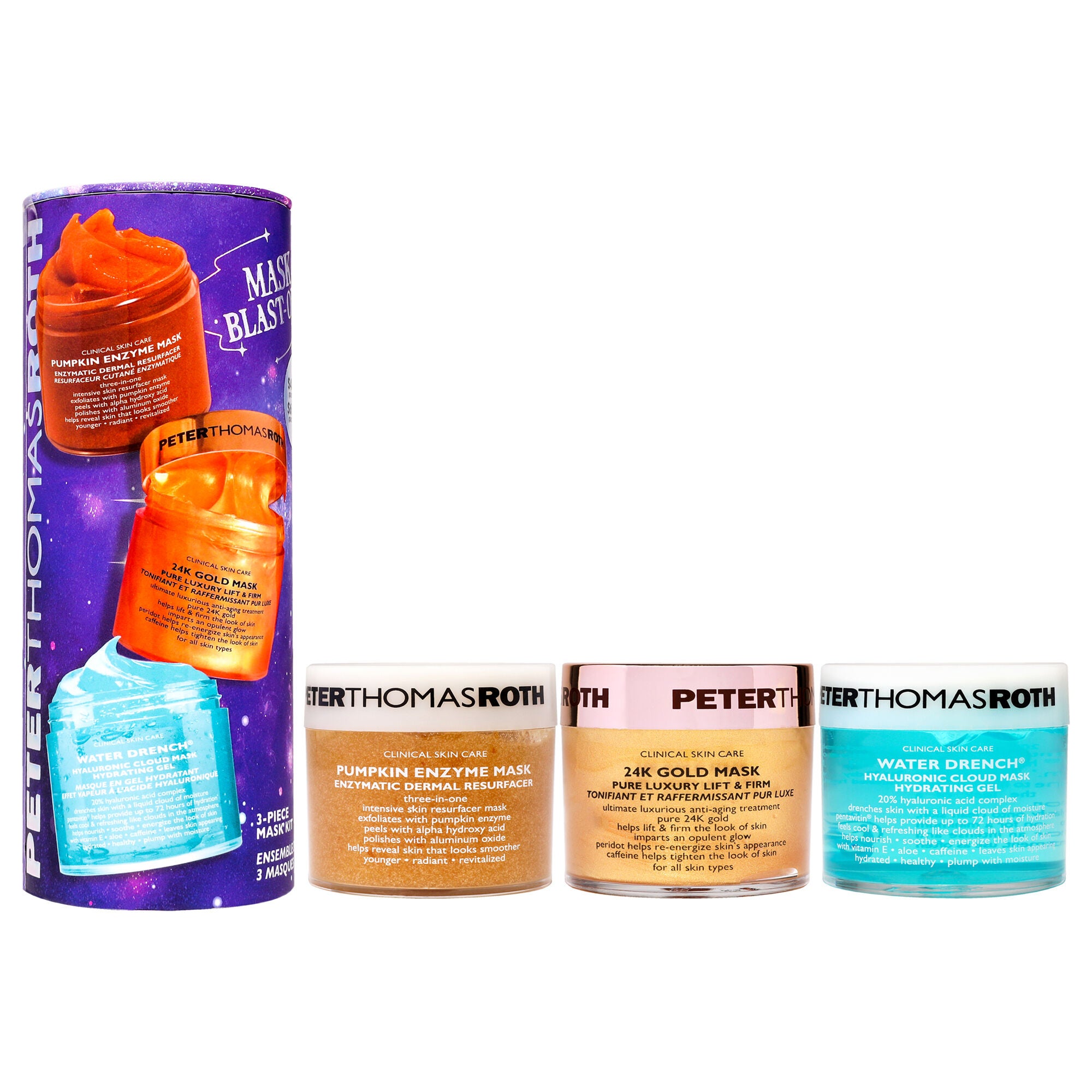 Mask Blast-Off Kit by Peter Thomas Roth for Unisex - 3 Pc 1.7oz Pumpkin Enzyme Mask, 1.7oz 24K Gold Mask, 1.7oz Water Drench Hyaluronic Cloud Mask, See Description, hi-res image number 0