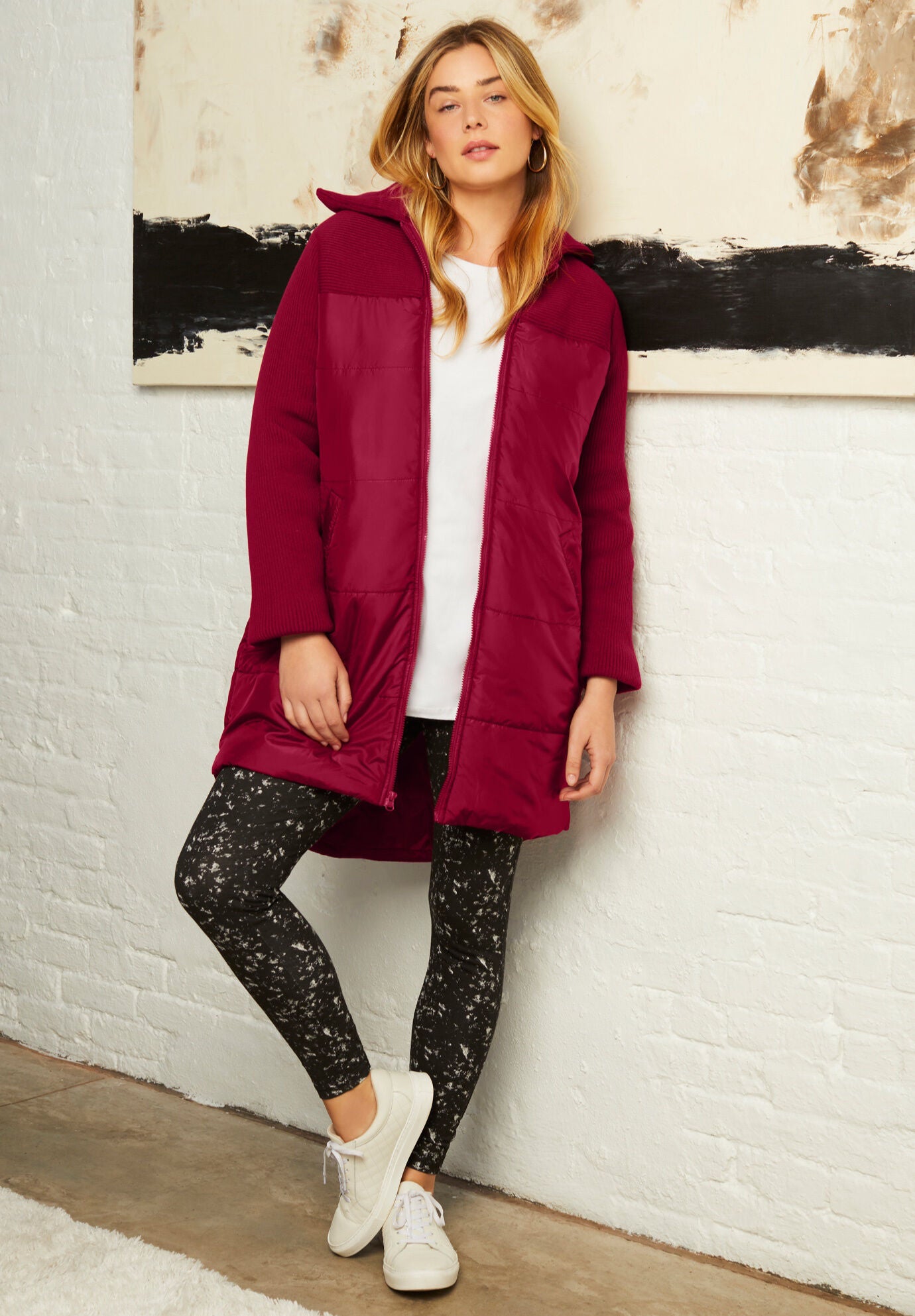 Quilted Puffer Coat with Deep Knit Accents Rich Burgundy Ellos