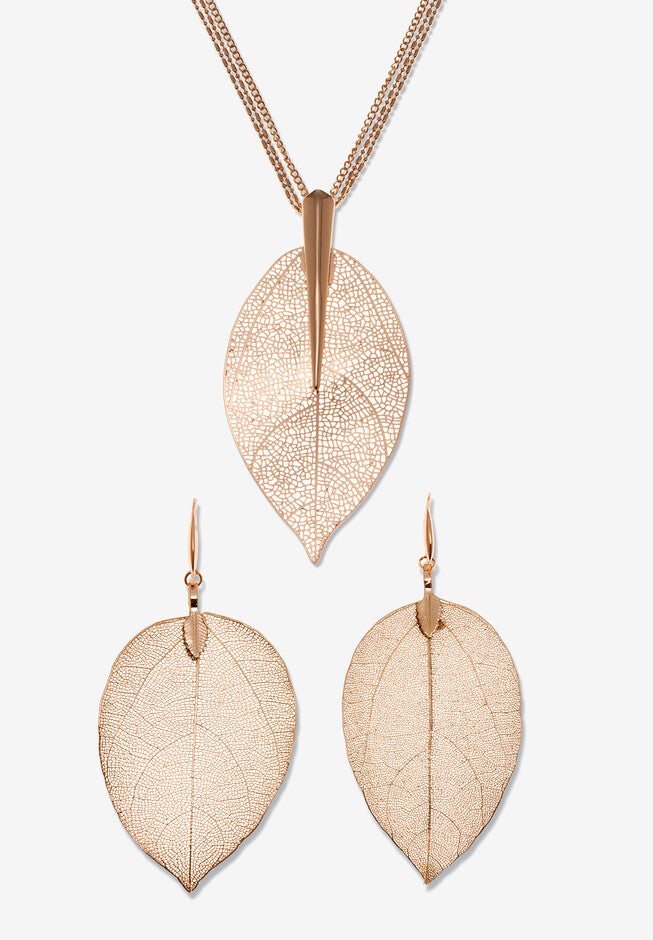 Rose Gold-Plated Leaf Necklace Set, 26 Inches, Plus 2 Inch Extension, ROSE GOLD, hi-res image number null
