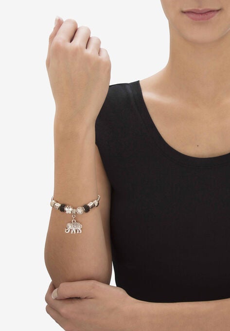 Silvertone Round Black Crystal Antiqued Elephant Charm Bracelet, , alternate image number null