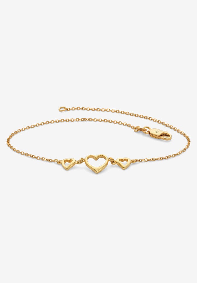 Yellow Gold Over Sterling Silver Triple Heart Ankle Bracelet, GOLD, hi-res image number 0